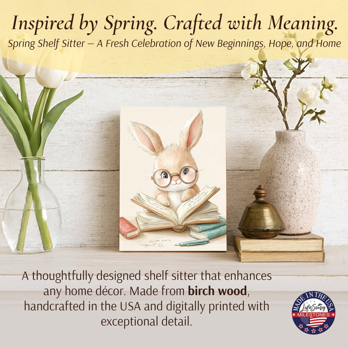 Bunny Shelf Sitter 4.5x6 — Handcrafted Birch Wood Easter & Spring Décor for Bookshelf & Console Table | Bunny Gift - LifeSong Milestones
