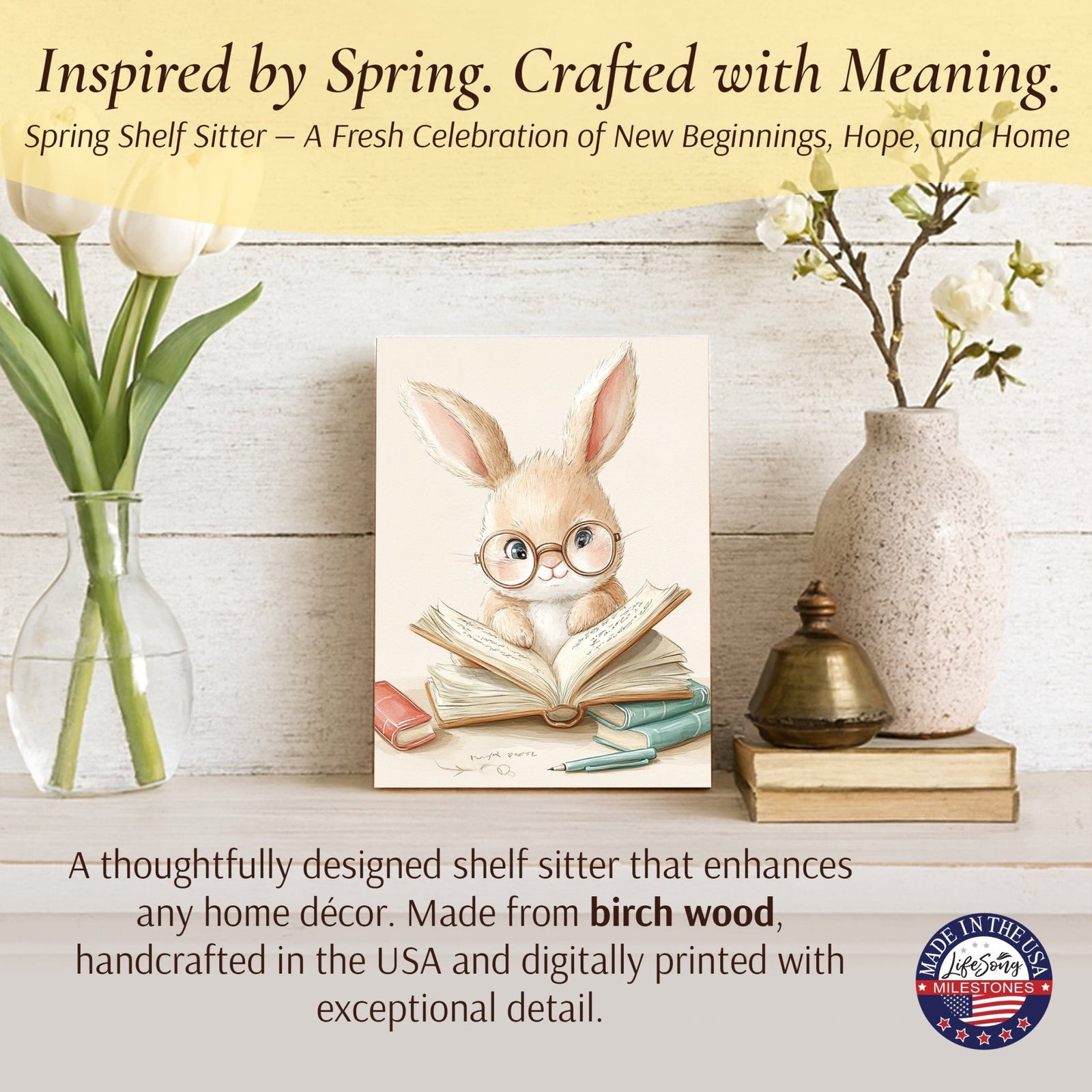 Bunny Shelf Sitter 4.5x6 — Handcrafted Birch Wood Easter & Spring Décor for Bookshelf & Console Table | Bunny Gift - LifeSong Milestones