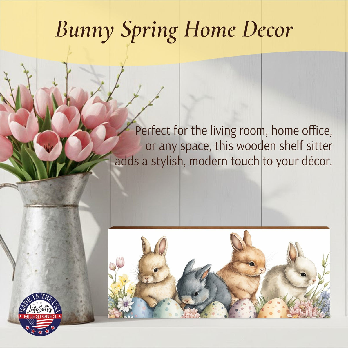 Bunny Shelf Sitter 4x10 — Wide Handcrafted Wood Easter & Spring Décor for Mantel & Console Table | Bunny Gift - LifeSong Milestones