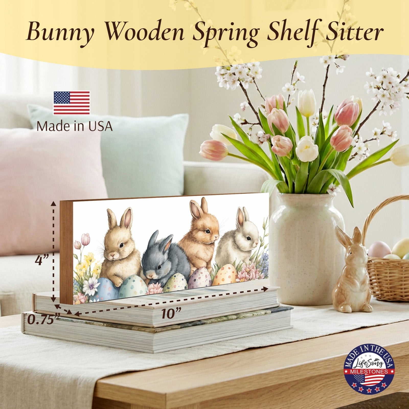 Bunny Shelf Sitter 4x10 — Wide Handcrafted Wood Easter & Spring Décor for Mantel & Console Table | Bunny Gift - LifeSong Milestones