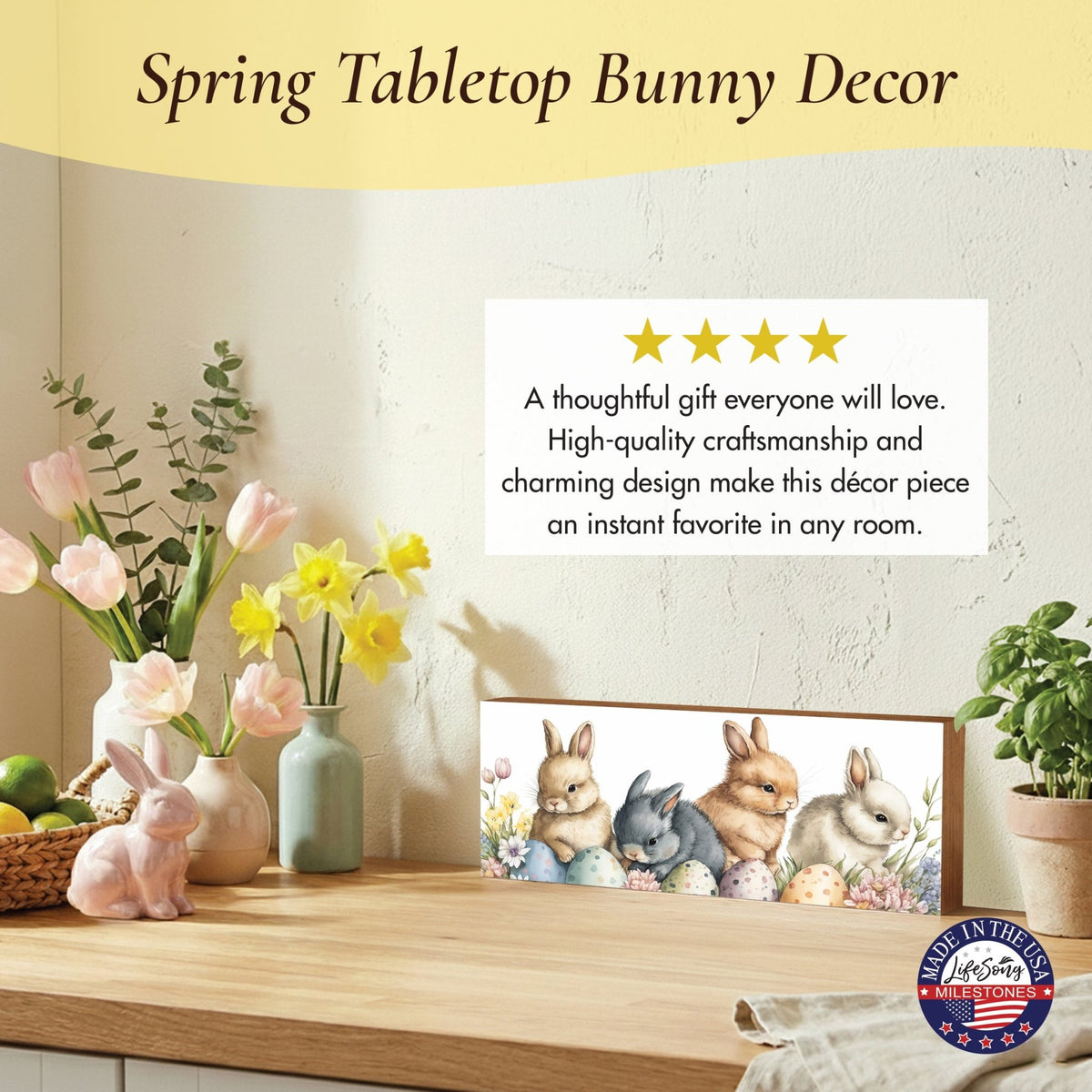 Bunny Shelf Sitter 4x10 — Wide Handcrafted Wood Easter & Spring Décor for Mantel & Console Table | Bunny Gift - LifeSong Milestones
