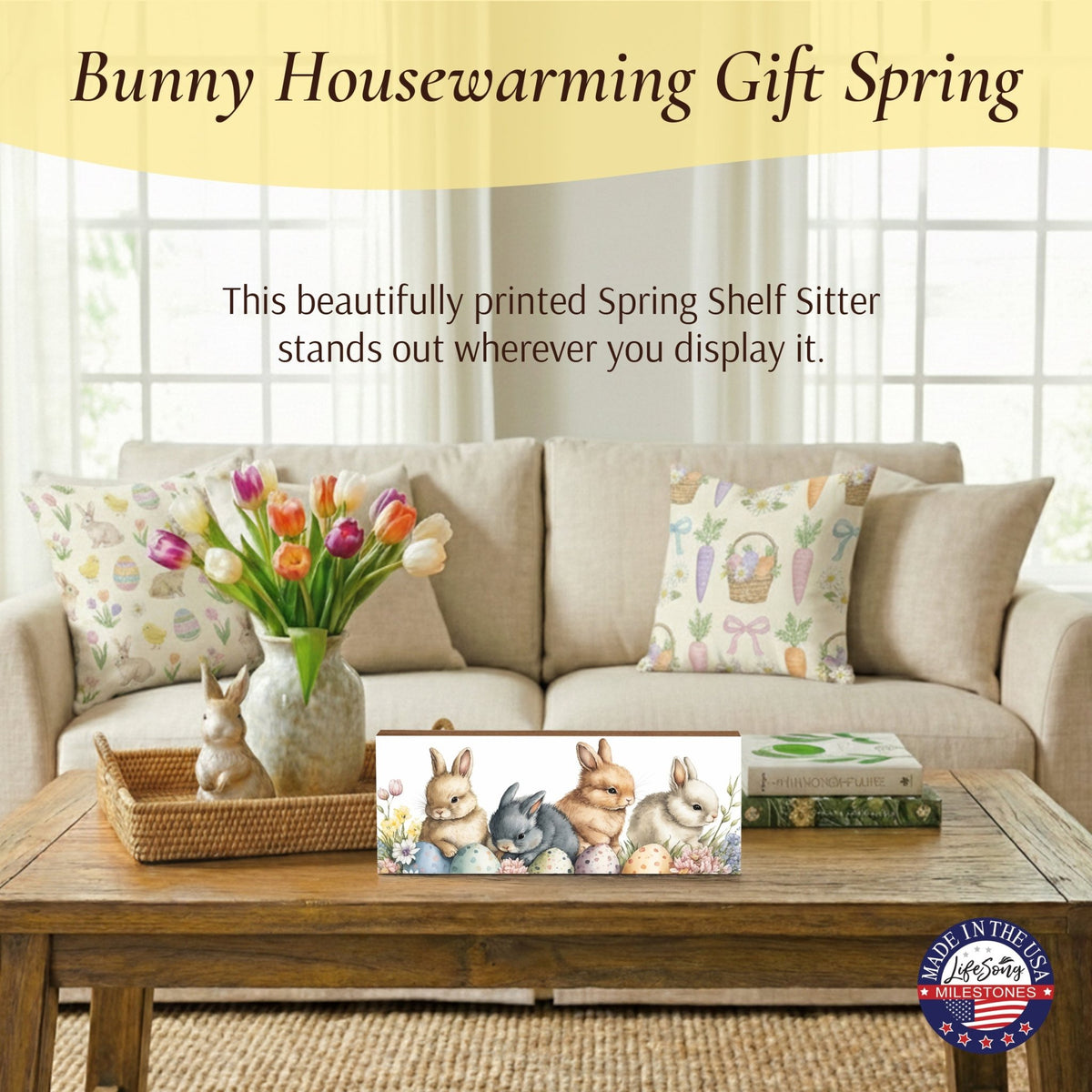 Bunny Shelf Sitter 4x10 — Wide Handcrafted Wood Easter & Spring Décor for Mantel & Console Table | Bunny Gift - LifeSong Milestones