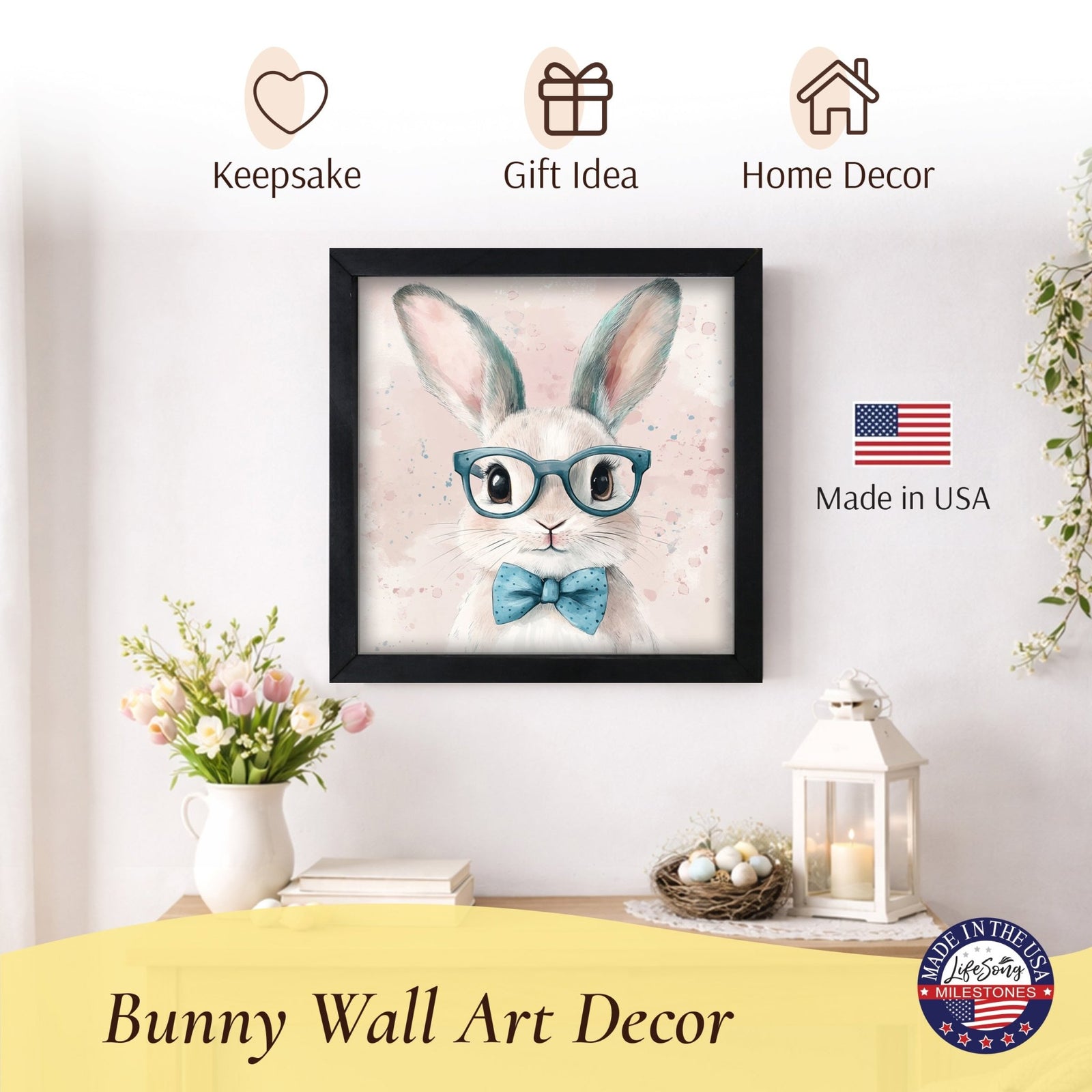 Bunny Wall Art for Home — 20x20 Handcrafted Framed Wood Sign | Easter & Spring Décor Gift - LifeSong Milestones