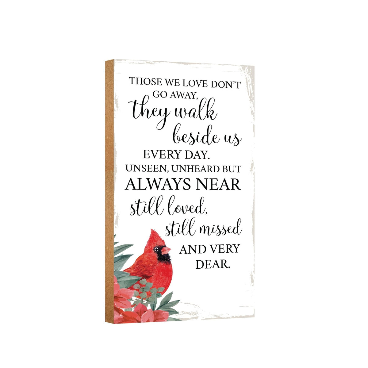 A wooden memorial wall plaque featuring a cardinal, a symbol of remembrance and love.
