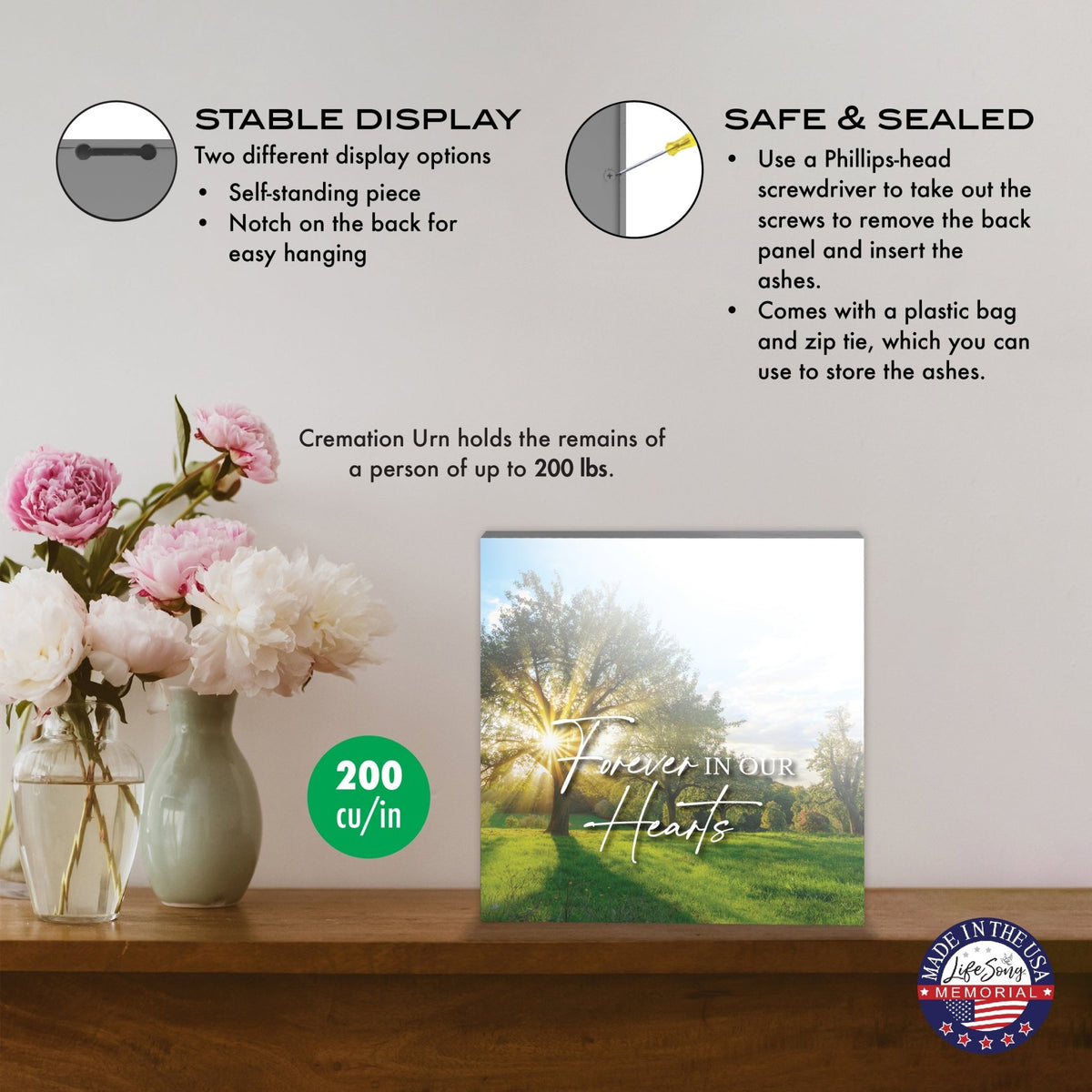 Cremation Urn Wooden Memorial Keepsake for Human Ashes – “Forever in Our Hearts” Tribute Box - LifeSong Milestones