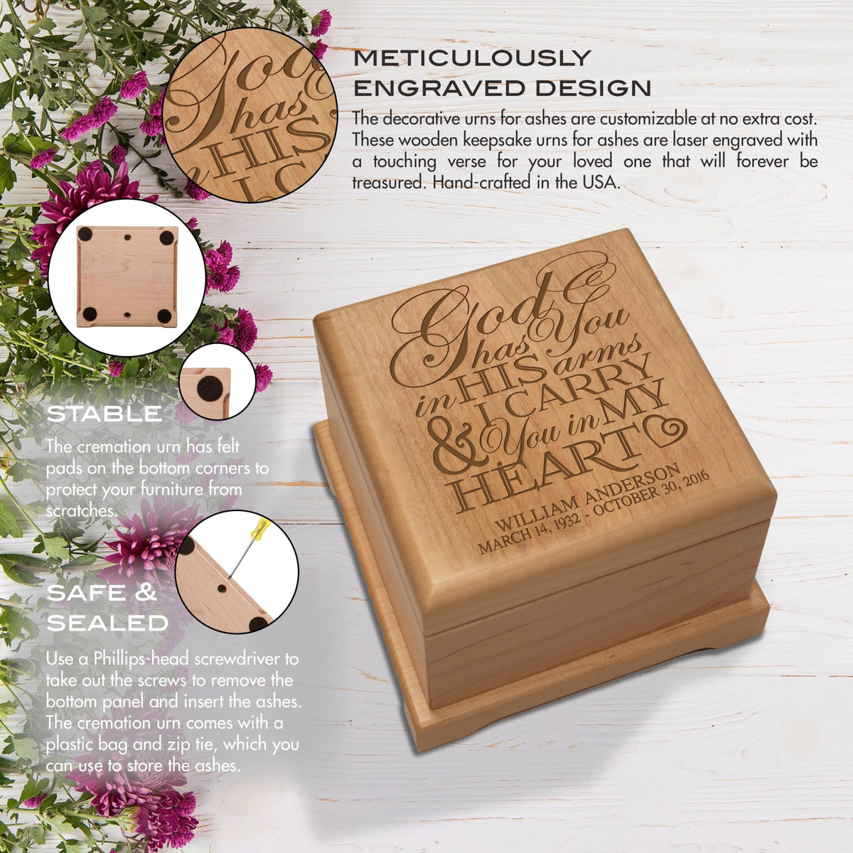 Custom Engraved Unique Cremation Urn Box For Human Ashes - God Has You - LifeSong Milestones