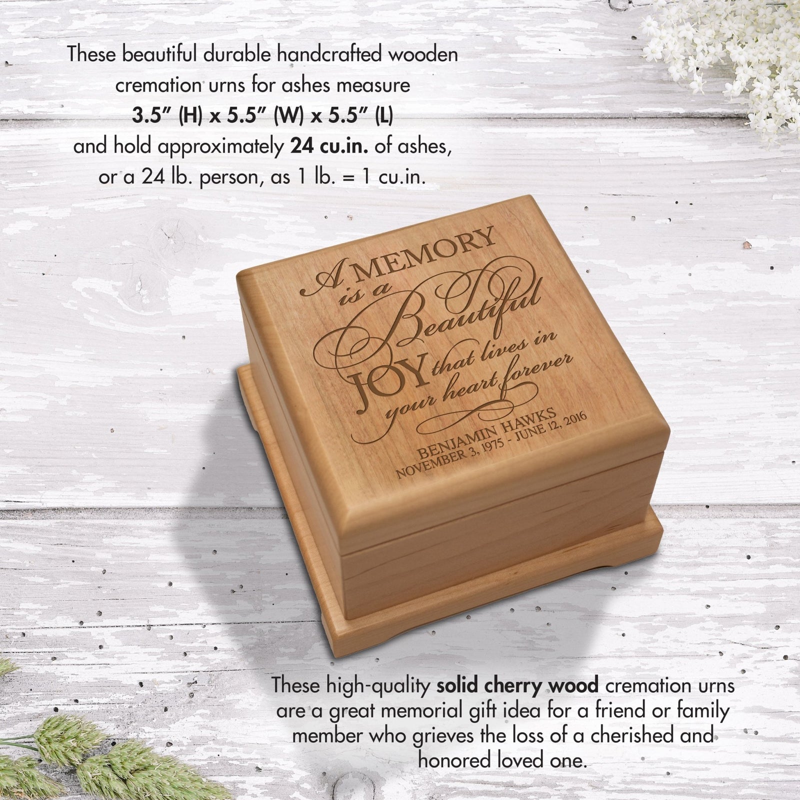 Custom Engraved Wooden Urn Box For Cherishing Ashes of Loved Ones - A Memory Is A Beautiful Joy - LifeSong Milestones