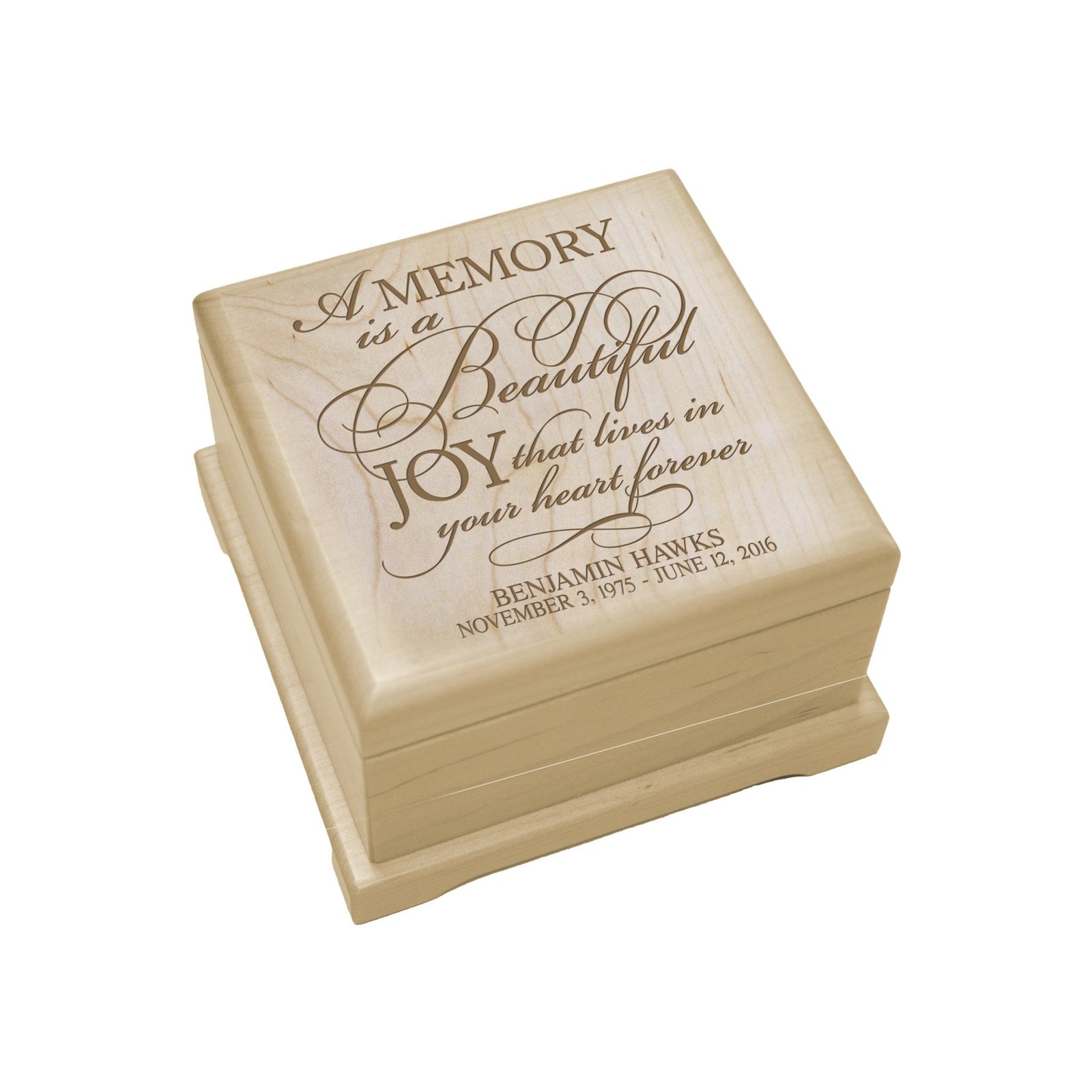 Custom Engraved Wooden Urn Box For Cherishing Ashes of Loved Ones - A Memory Is A Beautiful Joy - LifeSong Milestones