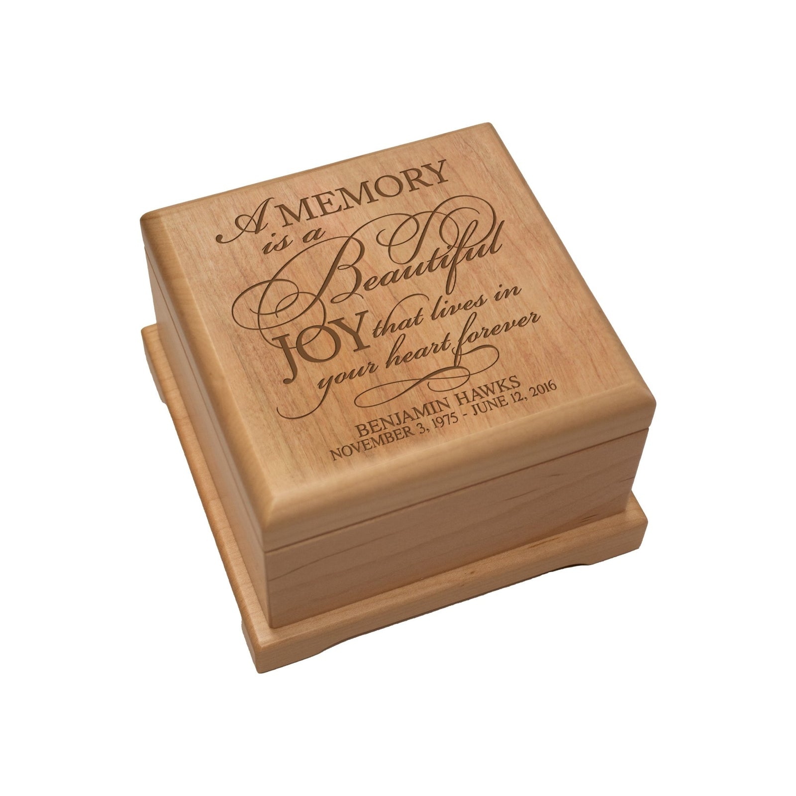 Custom Engraved Wooden Urn Box For Cherishing Ashes of Loved Ones - A Memory Is A Beautiful Joy - LifeSong Milestones