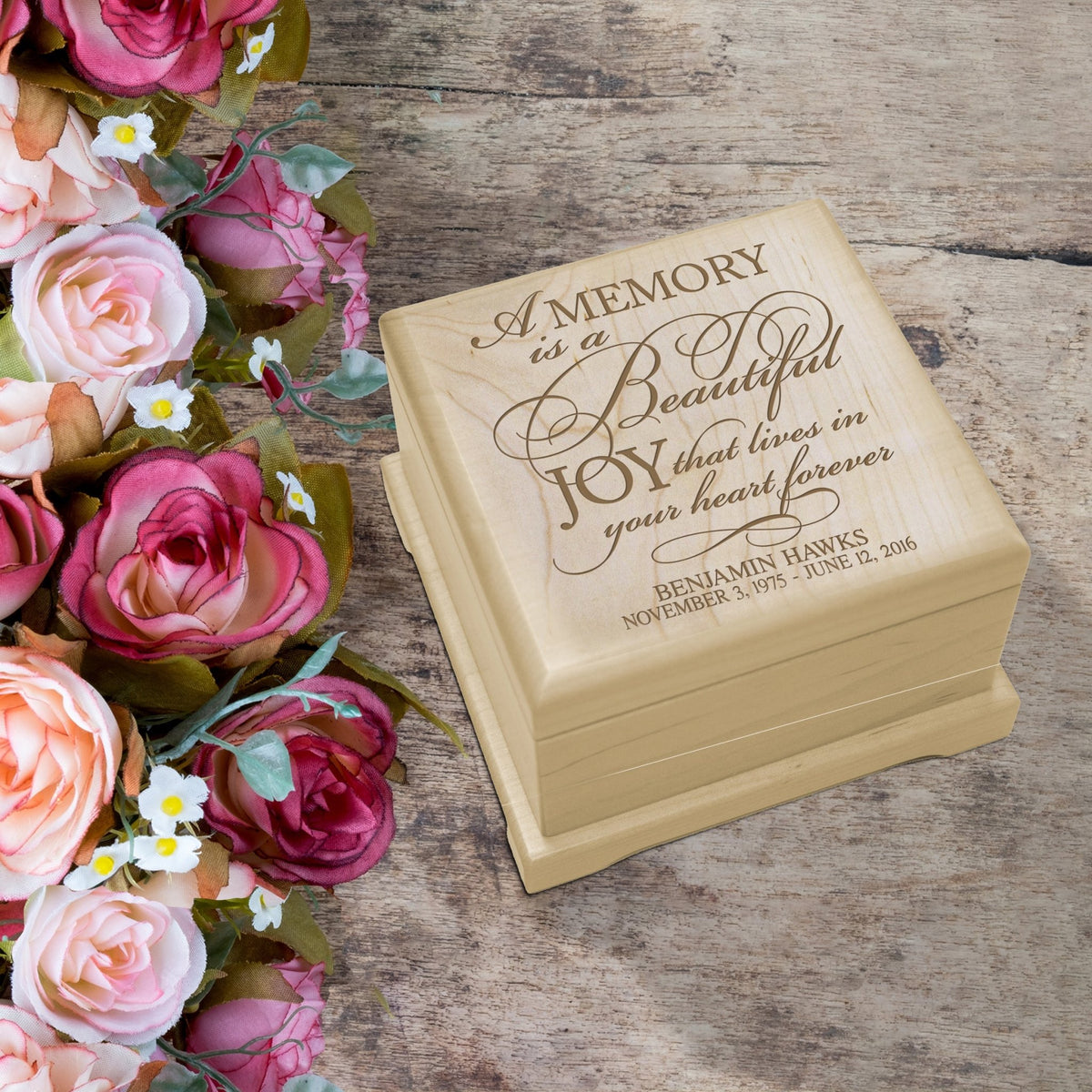 Custom Engraved Wooden Urn Box For Cherishing Ashes of Loved Ones - A Memory Is A Beautiful Joy - LifeSong Milestones