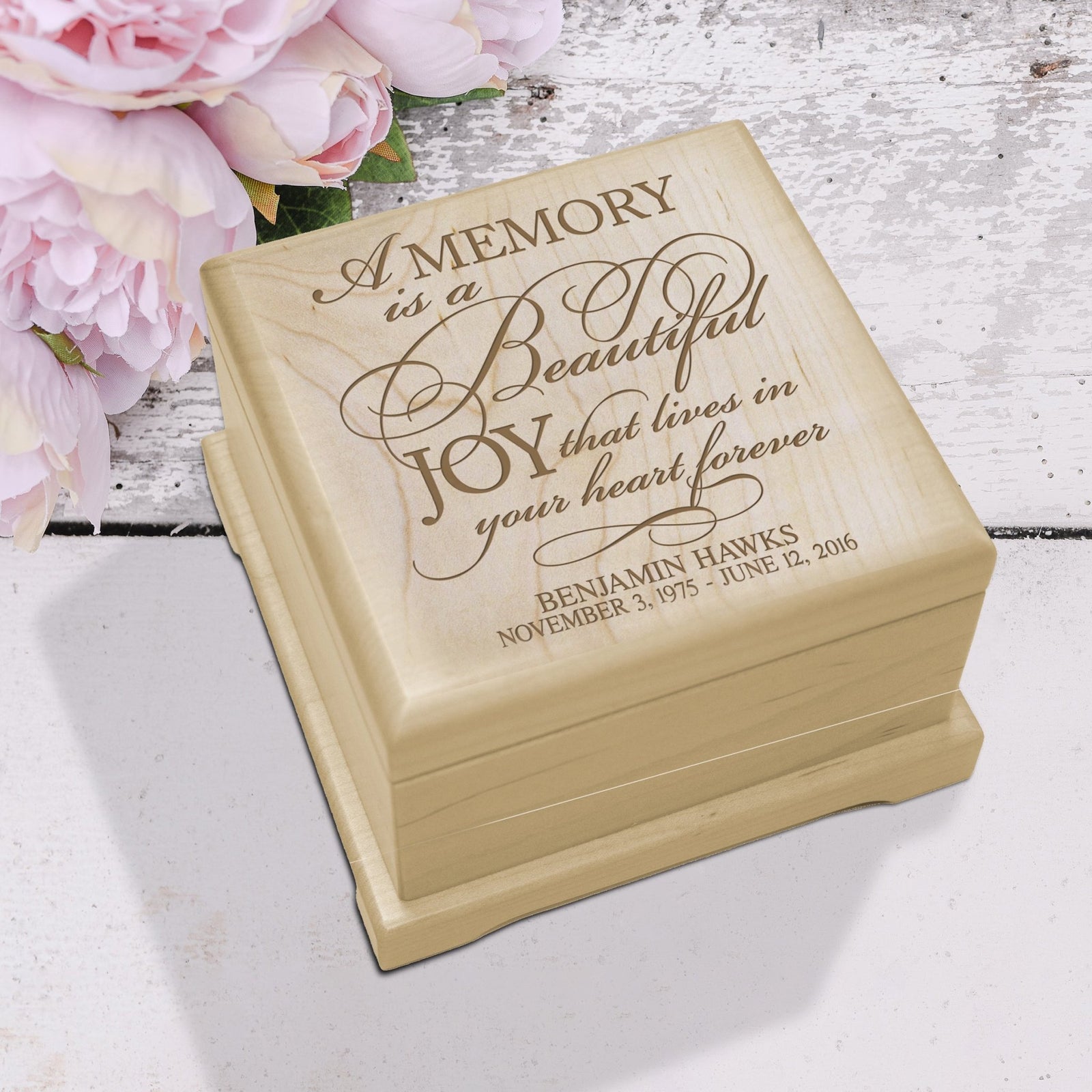 Custom Engraved Wooden Urn Box For Cherishing Ashes of Loved Ones - A Memory Is A Beautiful Joy - LifeSong Milestones