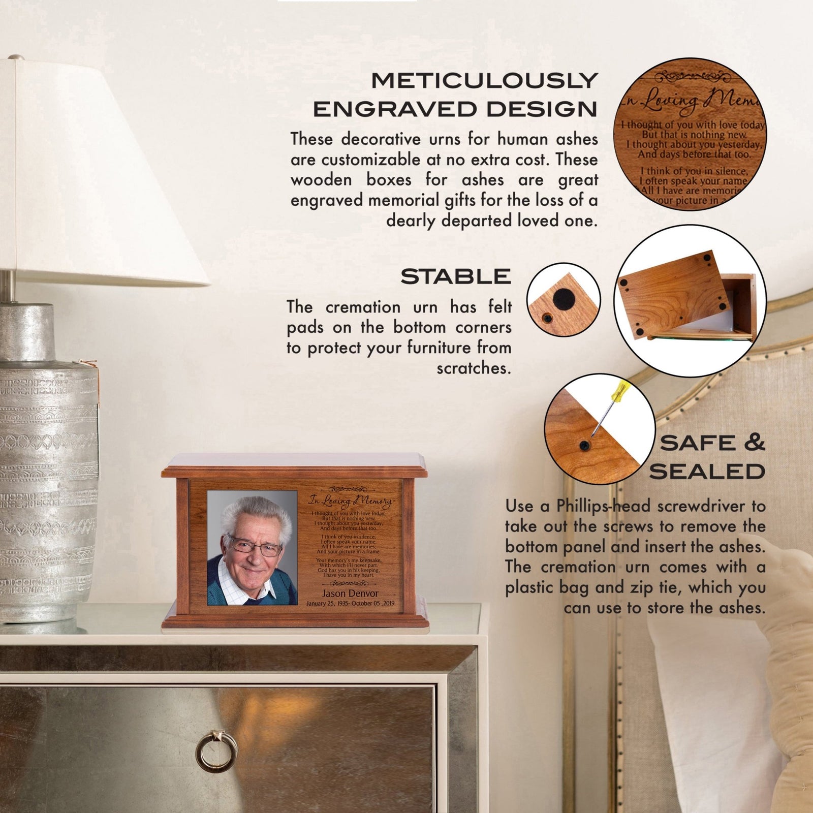 Custom Wooden Photo Urn Box for Human Ashes - In Loving Memory - LifeSong Milestones