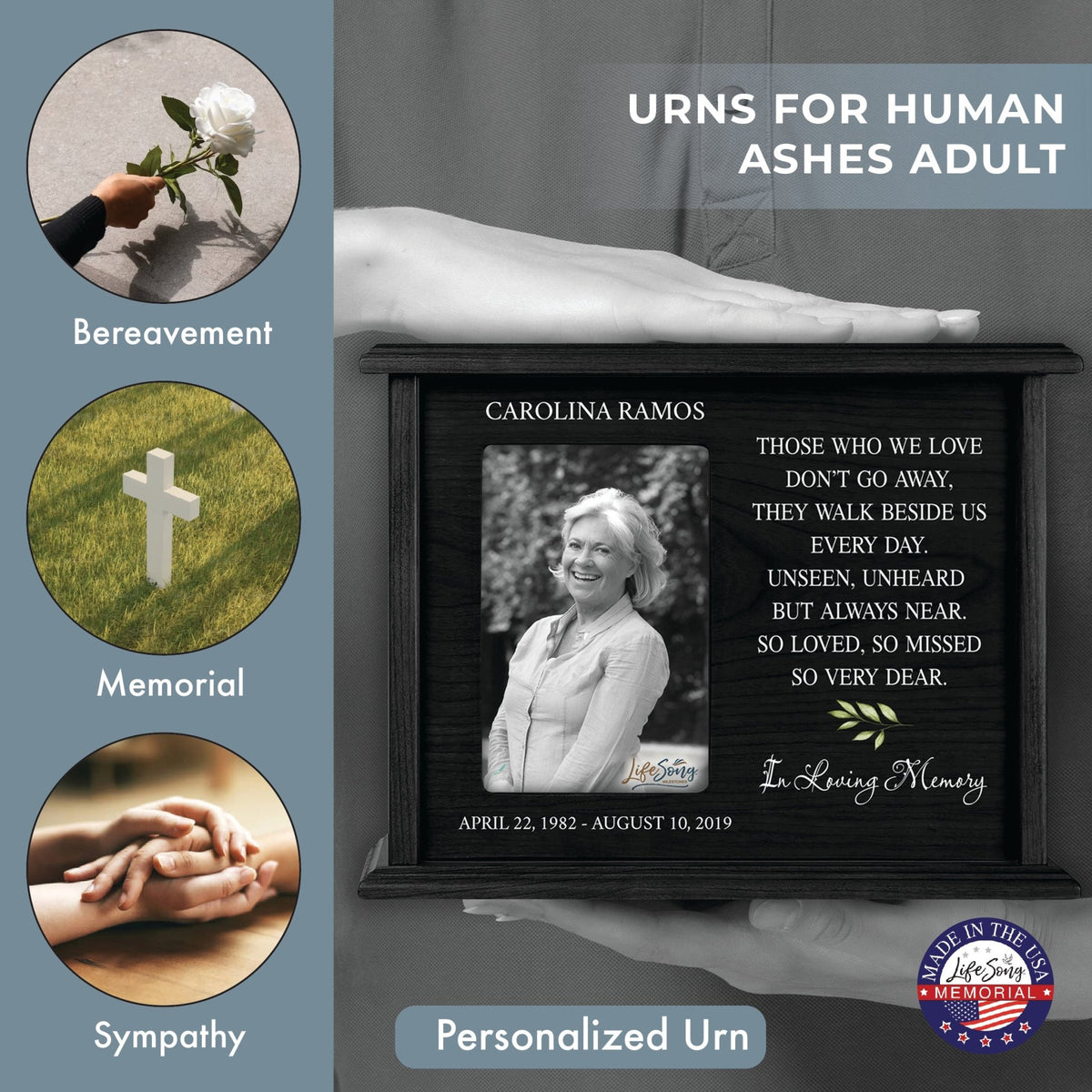 Custom Wooden Urns for Human Ashes with Photo Frame| Memorial Picture Cremation Urn Box holds Adult male and Female AshAsh - Those Who We Love - LifeSong Milestones