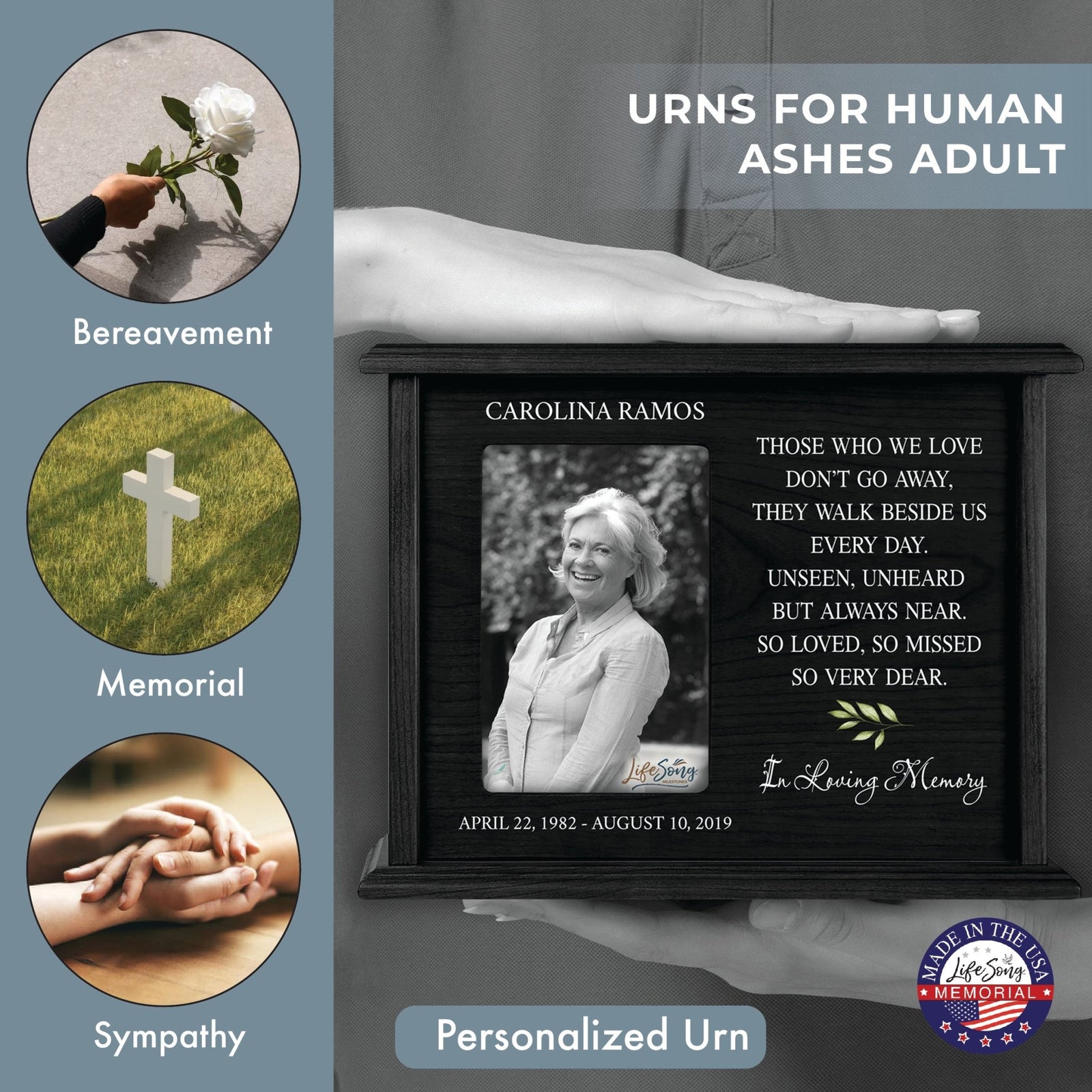 Custom Wooden Urns for Human Ashes with Photo Frame| Memorial Picture Cremation Urn Box holds Adult male and Female AshAsh - Those Who We Love - LifeSong Milestones