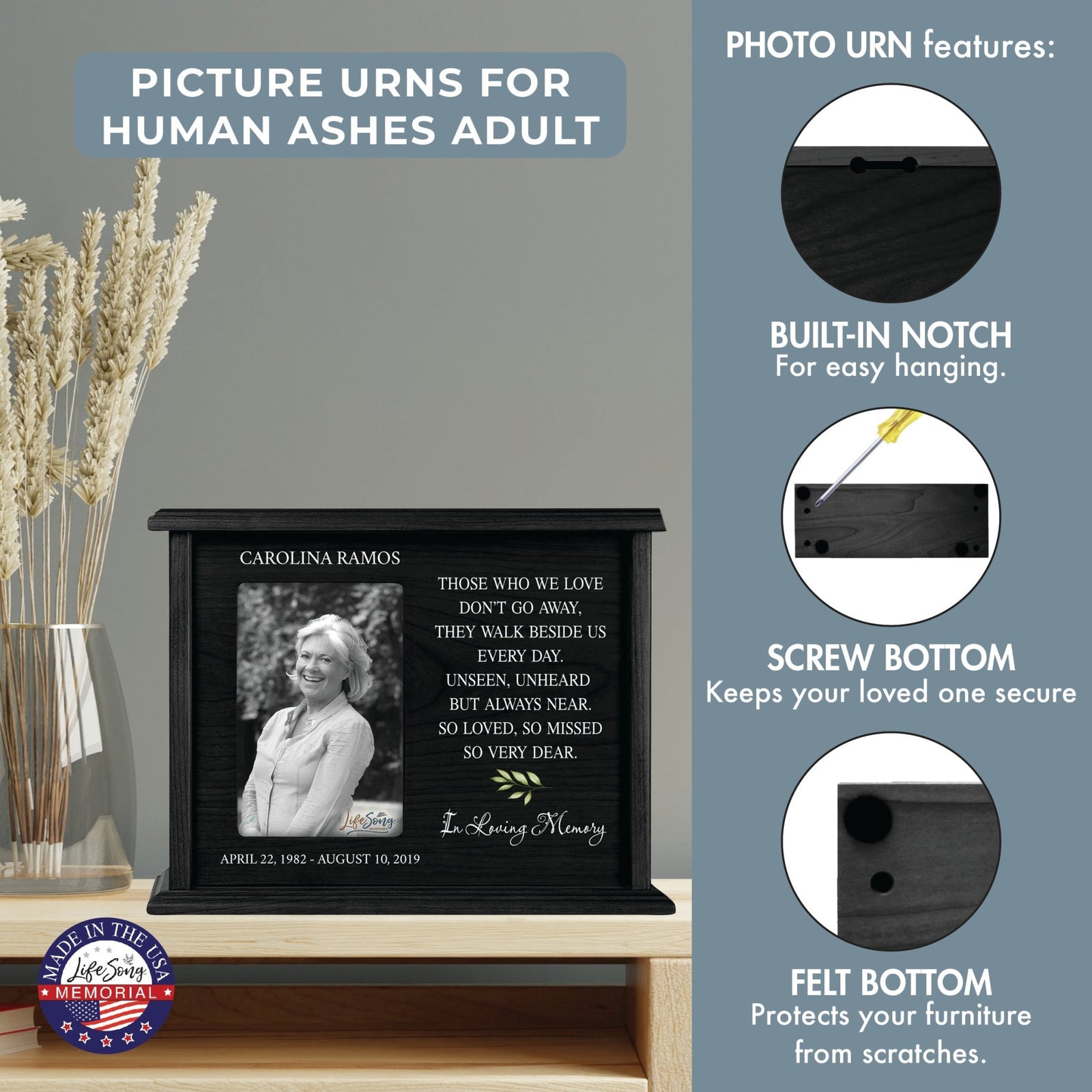 Custom Wooden Urns for Human Ashes with Photo Frame| Memorial Picture Cremation Urn Box holds Adult male and Female AshAsh - Those Who We Love - LifeSong Milestones