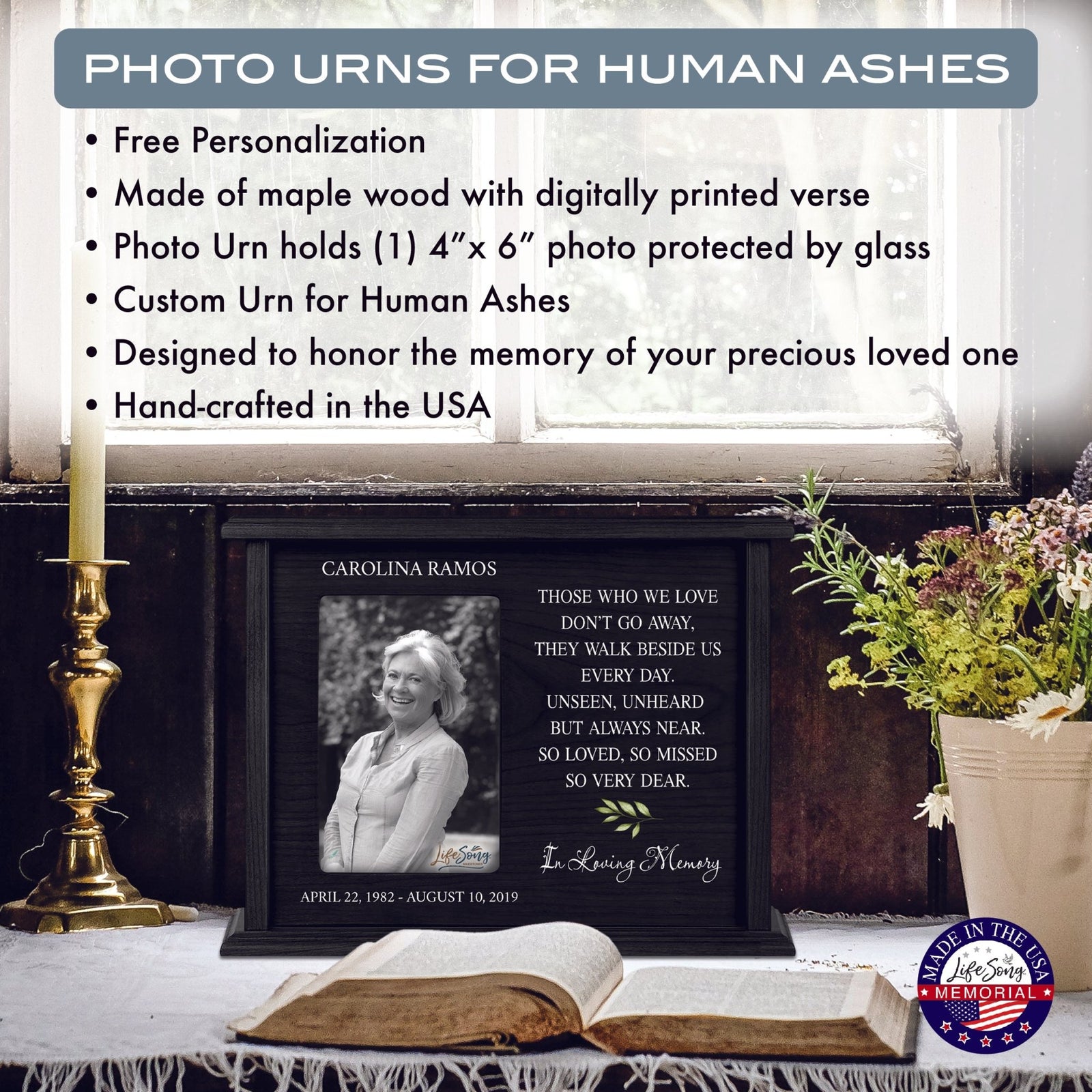 Custom Wooden Urns for Human Ashes with Photo Frame| Memorial Picture Cremation Urn Box holds Adult male and Female AshAsh - Those Who We Love - LifeSong Milestones