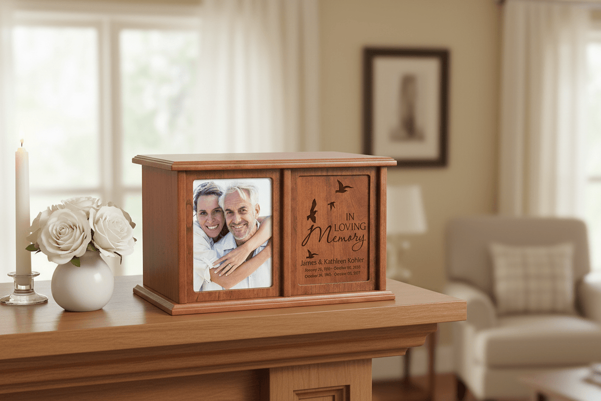 Doves Companion Urn – Personalized Cherry Wood Double Cremation Urn with 5x7 Photo Frame | USA Made - LifeSong Milestones