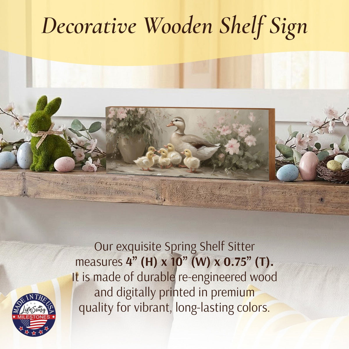 Duck Shelf Sitter 4x10 — Wide Birch Wood Spring Décor for Mantel & Console Table | Easter Gift - LifeSong Milestones