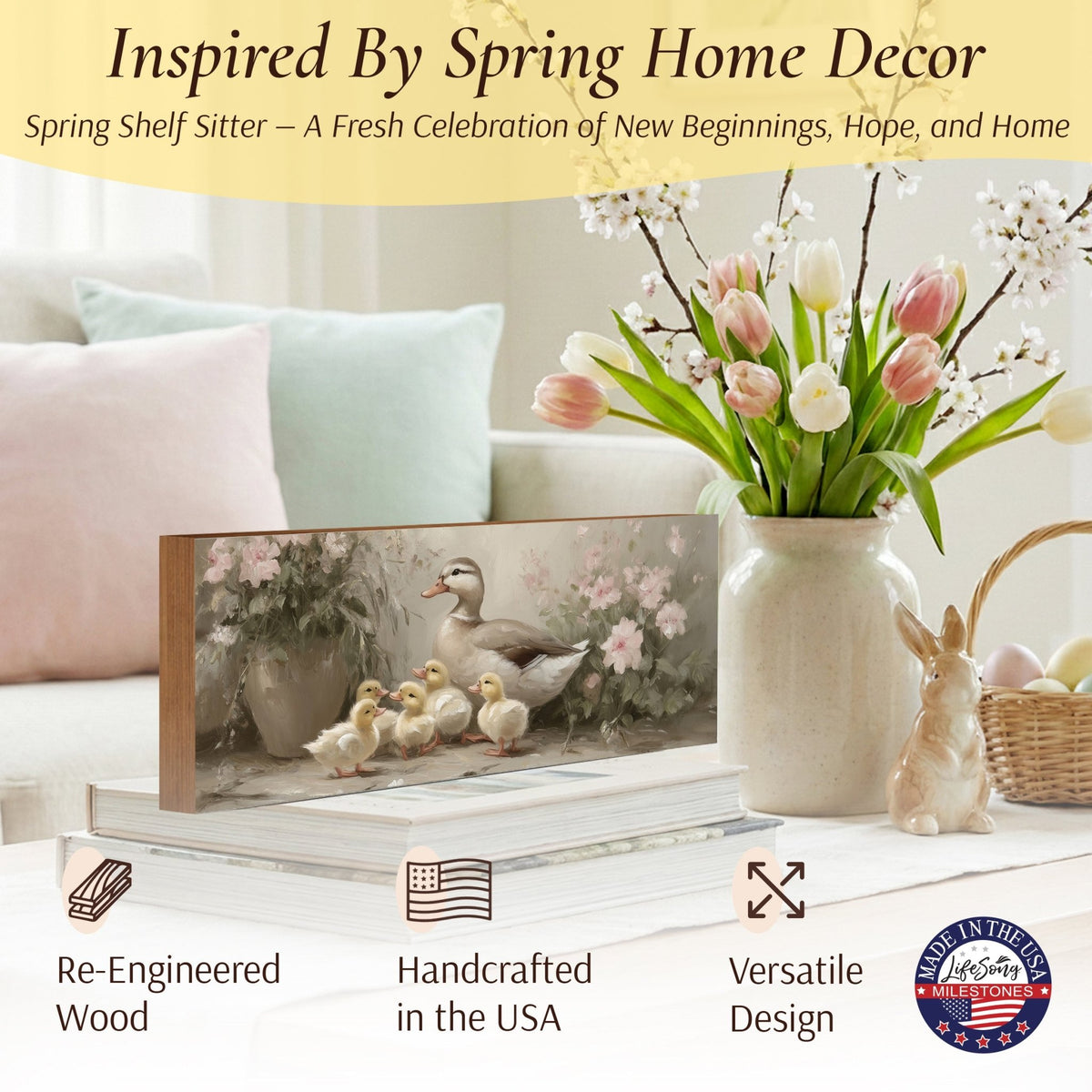 Duck Shelf Sitter 4x10 — Wide Birch Wood Spring Décor for Mantel & Console Table | Easter Gift - LifeSong Milestones