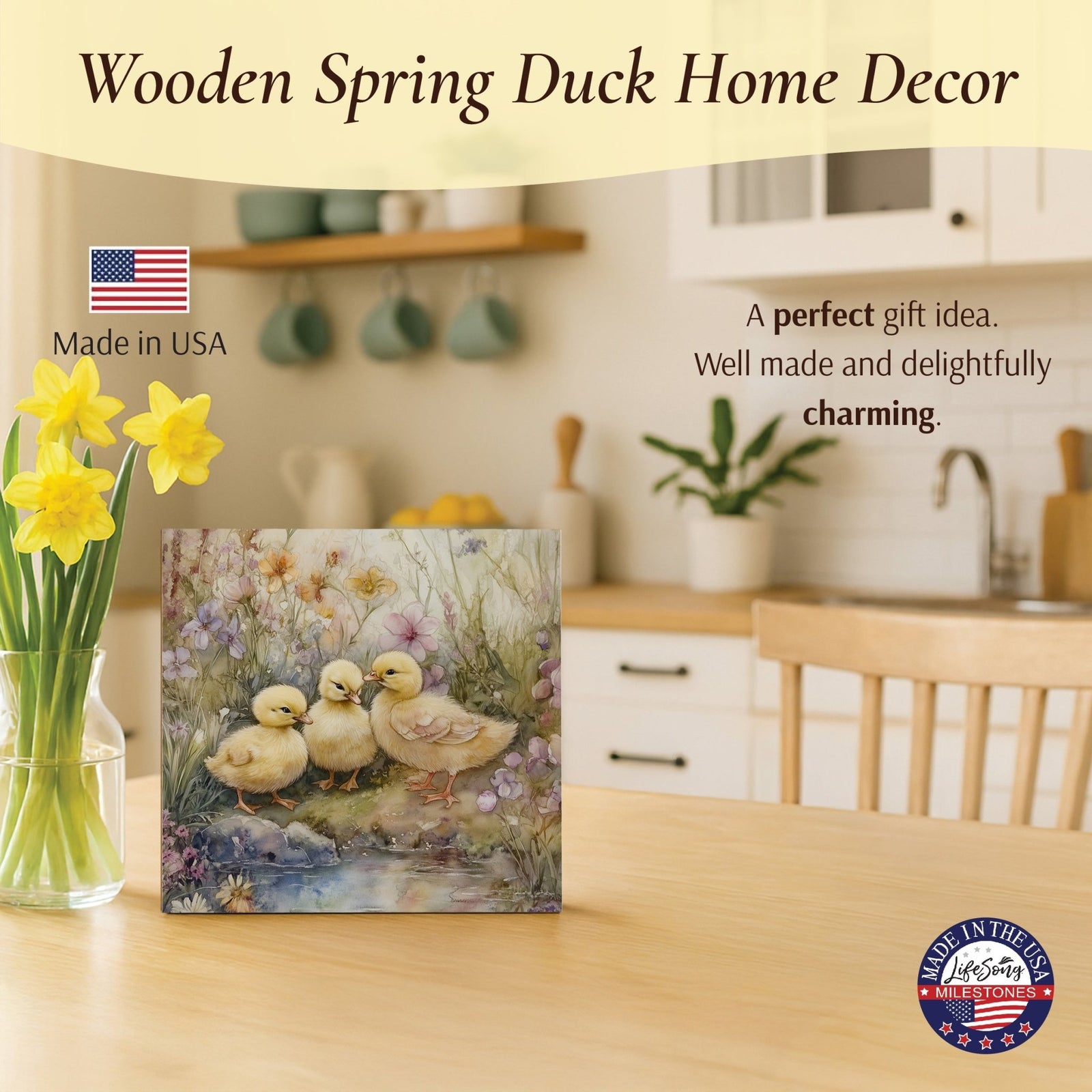 Duck Shelf Sitter 5x5 — Square Birch Wood Spring & Easter Tiered Tray Décor | USA-Made - LifeSong Milestones