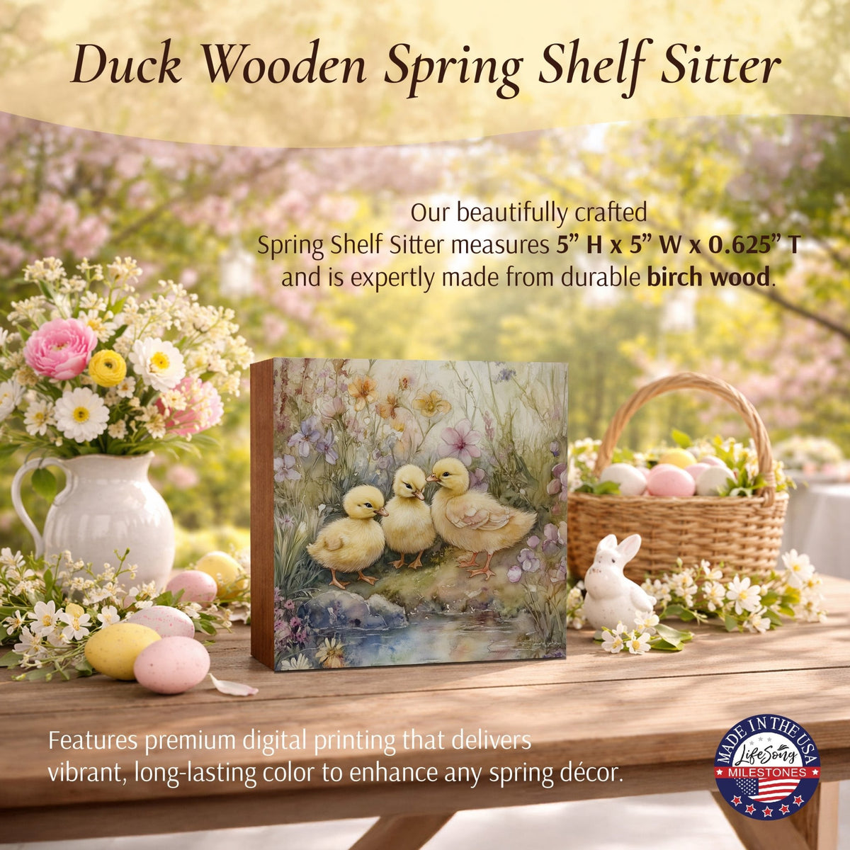 Duck Shelf Sitter 5x5 — Square Birch Wood Spring & Easter Tiered Tray Décor | USA-Made - LifeSong Milestones