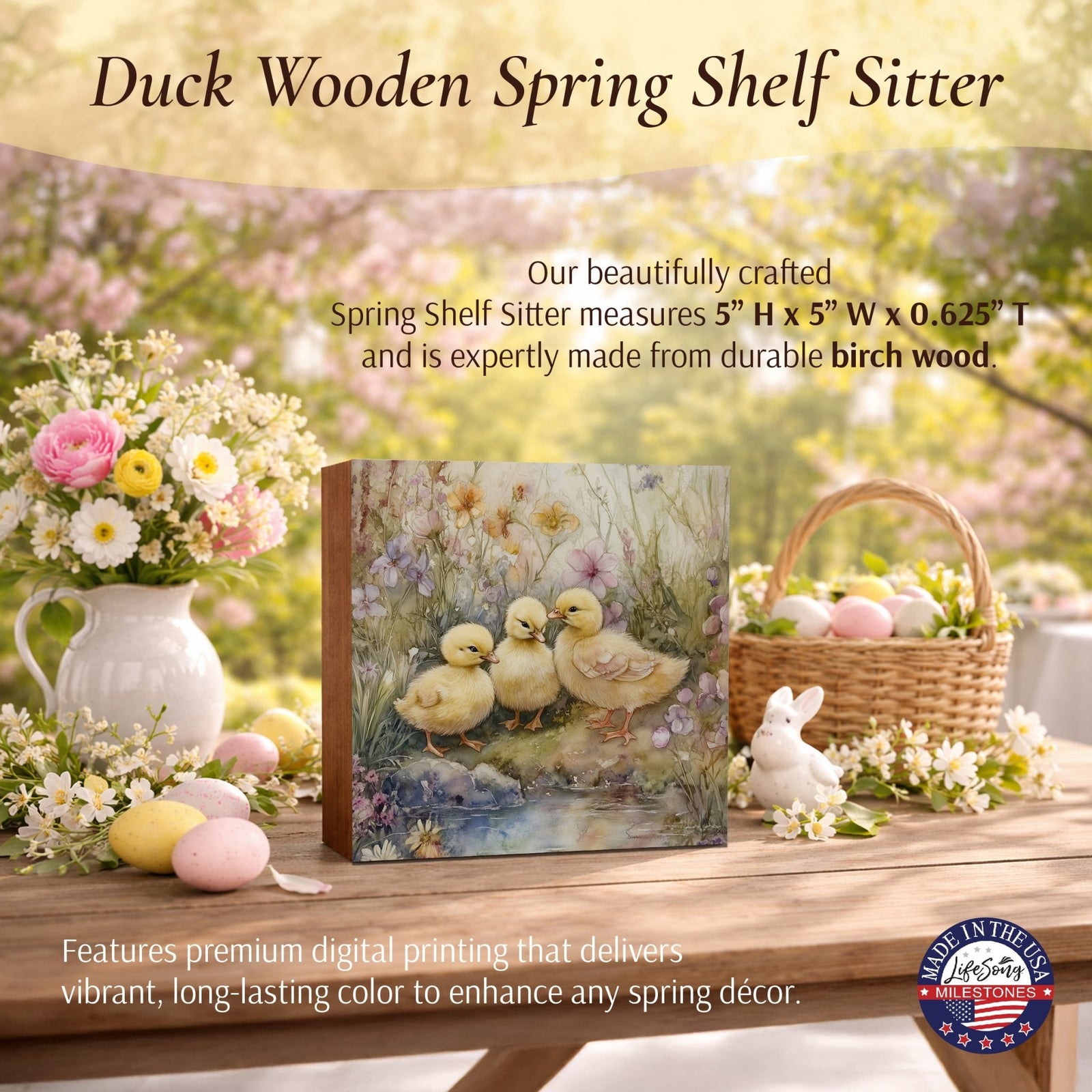 Duck Shelf Sitter 5x5 — Square Birch Wood Spring & Easter Tiered Tray Décor | USA-Made - LifeSong Milestones