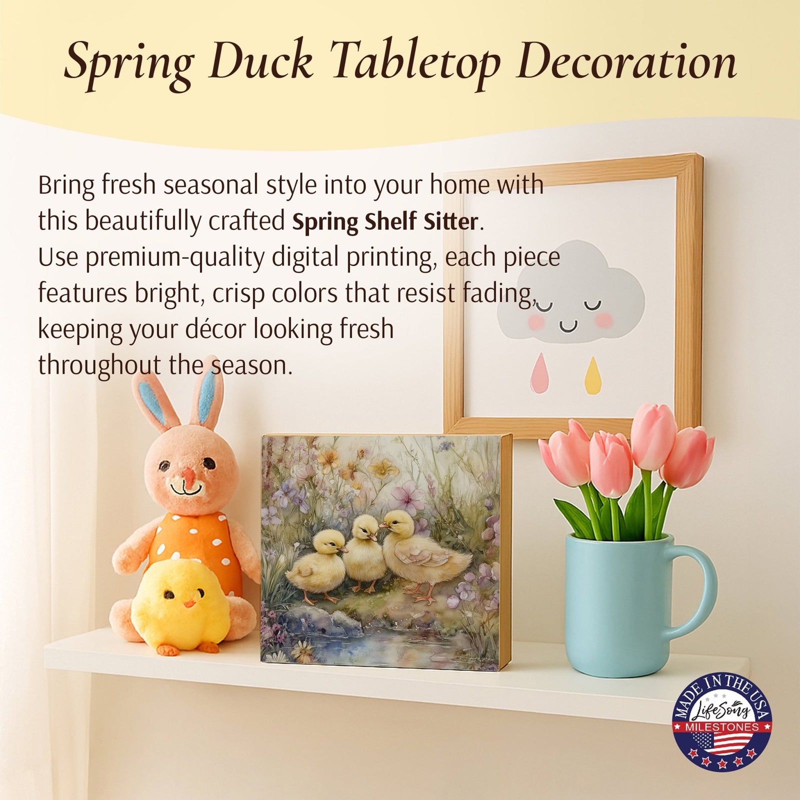 Duck Shelf Sitter 5x5 — Square Birch Wood Spring & Easter Tiered Tray Décor | USA-Made - LifeSong Milestones