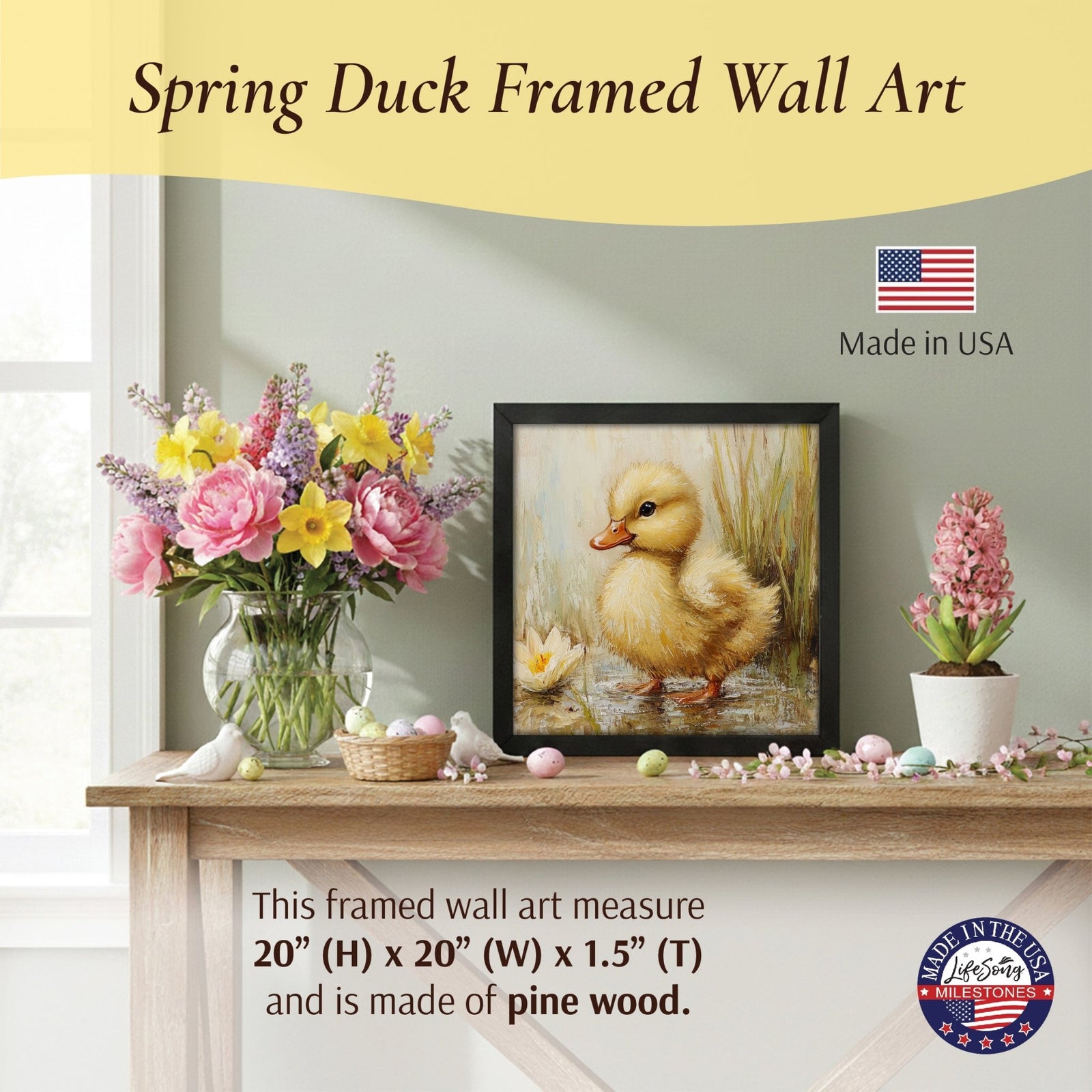 Duck Wall Art for Living Room — 20x20 Black Framed Wood Sign | Spring & Easter Home Décor Gift - LifeSong Milestones