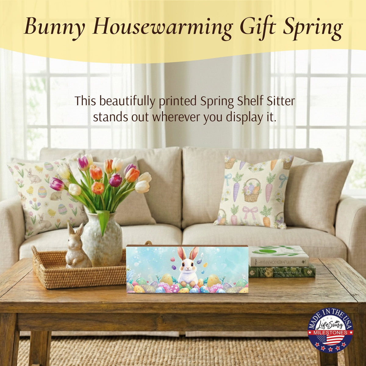 Easter Bunny Shelf Sitter 4x10 — Wide Handcrafted Wood Spring Mantel Décor | Bunny Lover Gift for Her - LifeSong Milestones