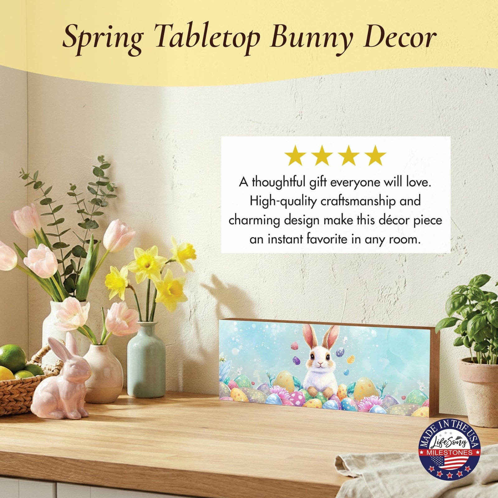 Easter Bunny Shelf Sitter 4x10 — Wide Handcrafted Wood Spring Mantel Décor | Bunny Lover Gift for Her - LifeSong Milestones