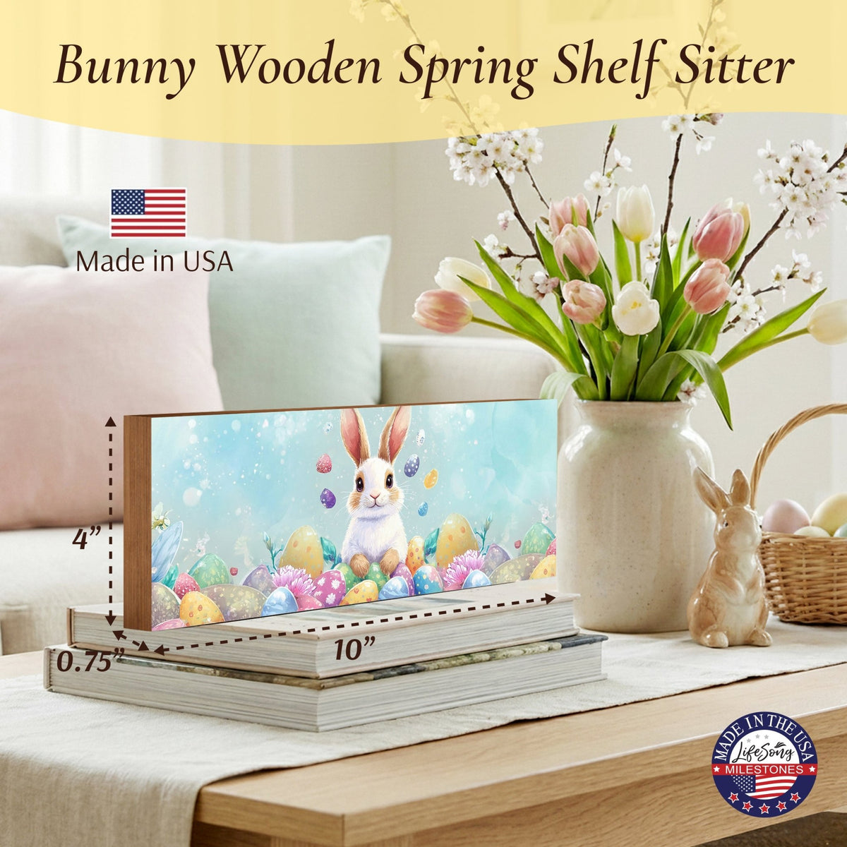 Easter Bunny Shelf Sitter 4x10 — Wide Handcrafted Wood Spring Mantel Décor | Bunny Lover Gift for Her - LifeSong Milestones