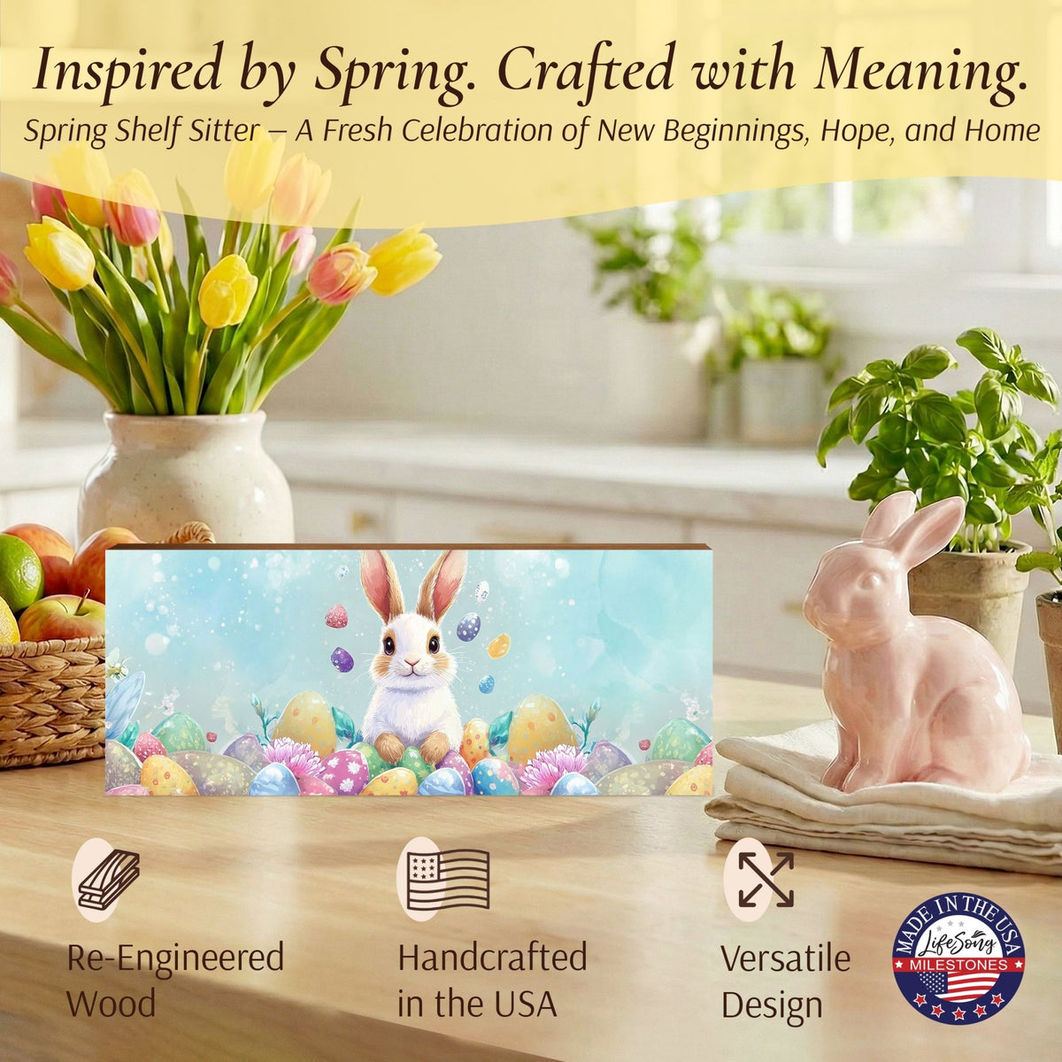 Easter Bunny Shelf Sitter 4x10 — Wide Handcrafted Wood Spring Mantel Décor | Bunny Lover Gift for Her - LifeSong Milestones