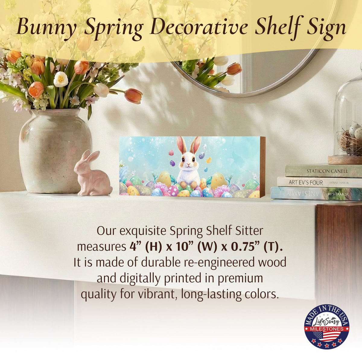 Easter Bunny Shelf Sitter 4x10 — Wide Handcrafted Wood Spring Mantel Décor | Bunny Lover Gift for Her - LifeSong Milestones