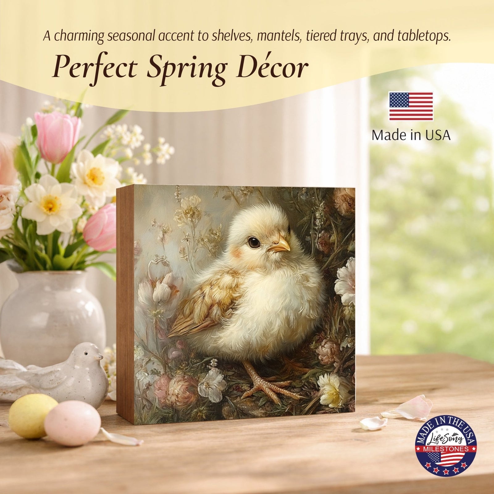 Easter Chick Shelf Sitter 5x5 — Square Birch Wood Spring Décor for Tiered Tray | 2 Designs - LifeSong Milestones