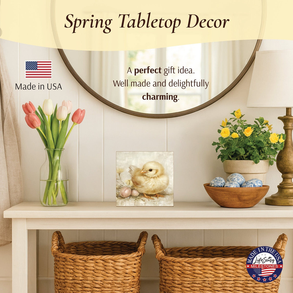Easter Chick Shelf Sitter 5x5 — Square Birch Wood Spring Décor for Tiered Tray | 2 Designs - LifeSong Milestones