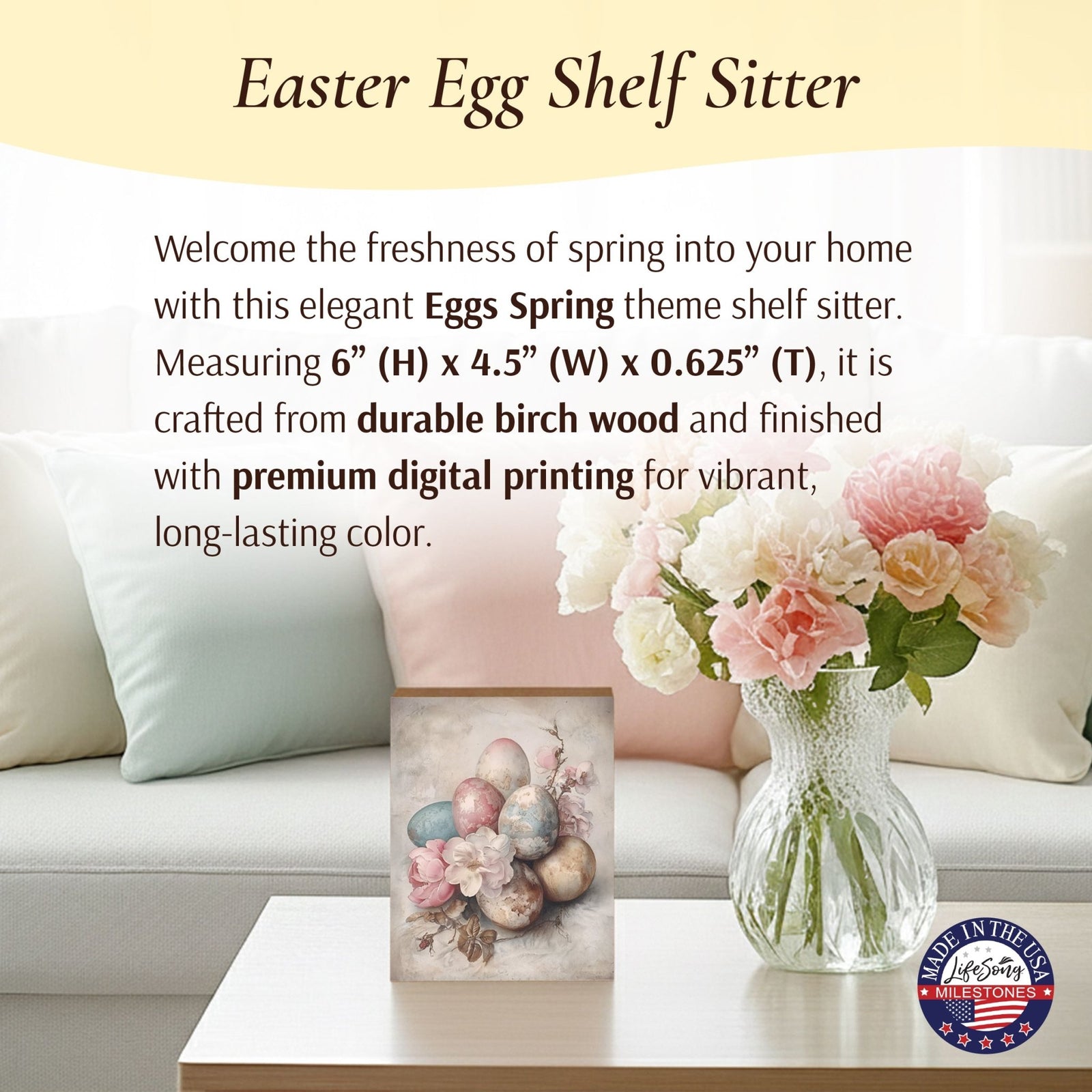 Easter Egg Shelf Sitter 4.5x6 — Handcrafted Birch Wood Spring & Easter Décor | Easter Gift for Her - LifeSong Milestones