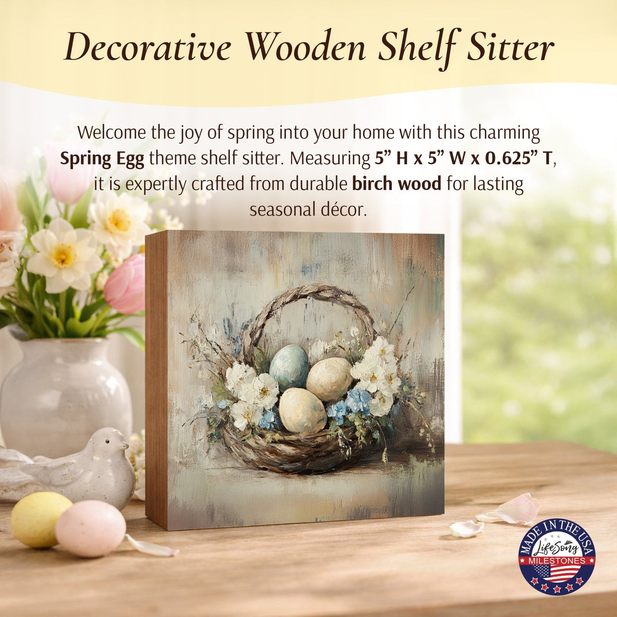 Easter Egg Shelf Sitter 5x5 — Handcrafted Birch Wood Spring Tiered Tray Décor | Easter Gift - LifeSong Milestones