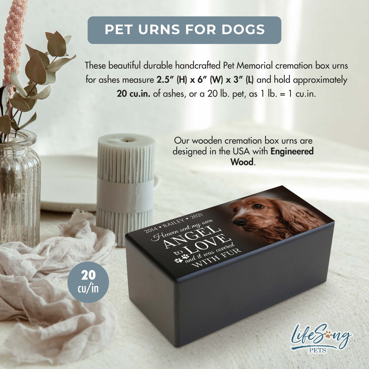 Eco - Friendly Personalized Pet Urn with Engraved Photo Memorial Box for Ashes - Heaven Sent - LifeSong Milestones