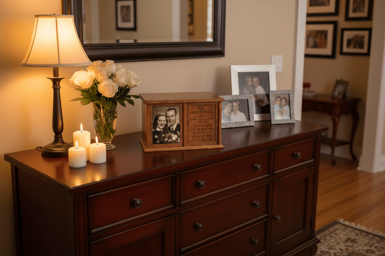 Family Chain Companion Urn – Personalized Cherry Wood Double Cremation Urn with Glass-Protected 5x7 Photo Frame | USA Made - LifeSong Milestones