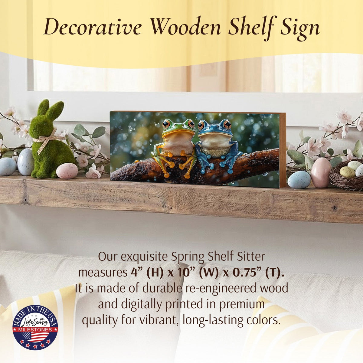 Frog Shelf Sitter 4x10 — Wide USA-Made Wood Nature Décor for Mantel & Console Table | Frog Gift - LifeSong Milestones