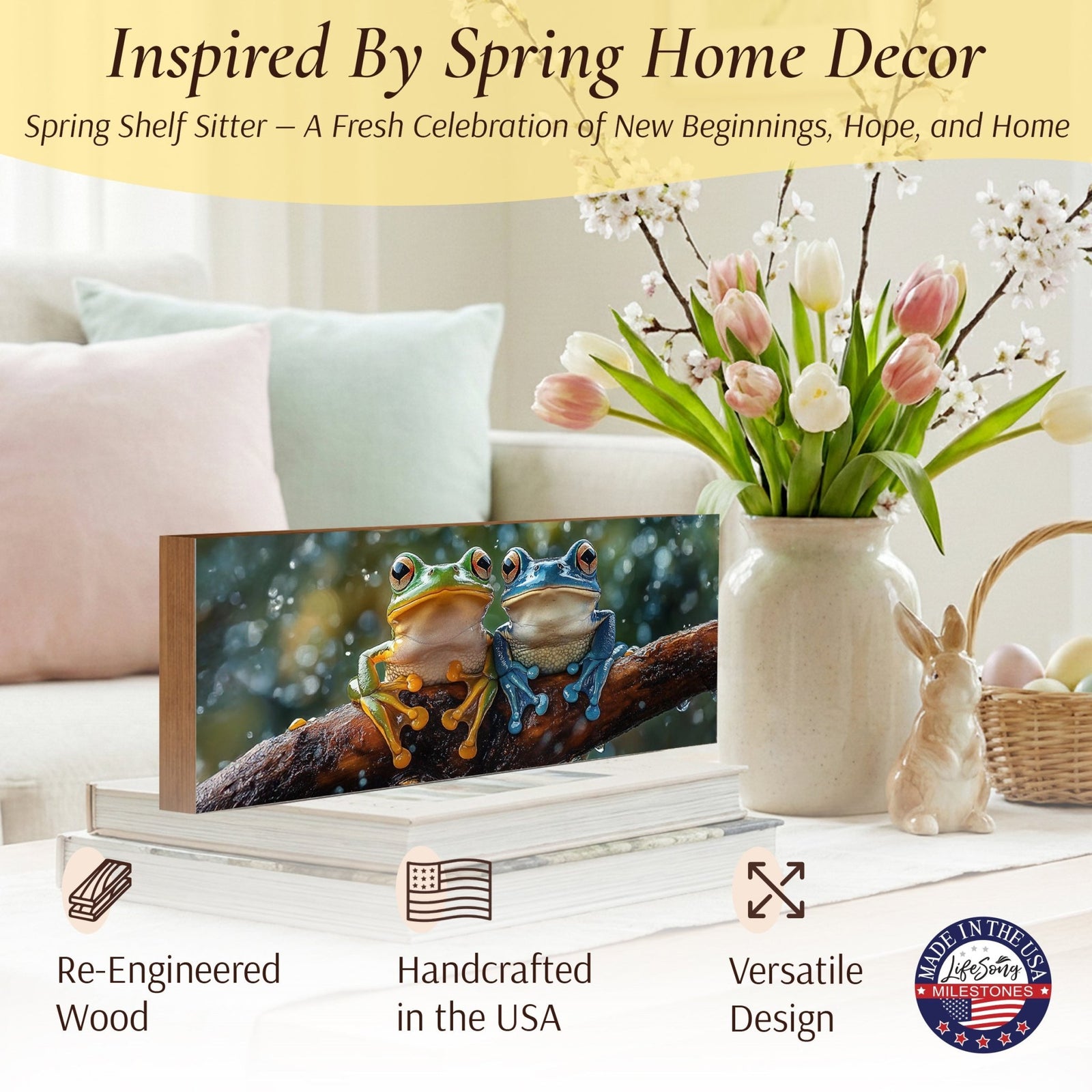 Frog Shelf Sitter 4x10 — Wide USA-Made Wood Nature Décor for Mantel & Console Table | Frog Gift - LifeSong Milestones