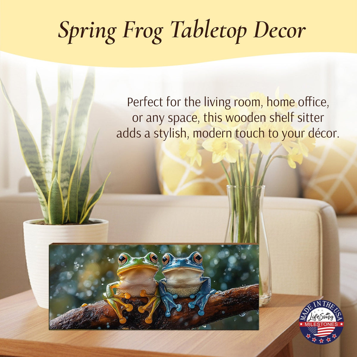 Frog Shelf Sitter 4x10 — Wide USA-Made Wood Nature Décor for Mantel & Console Table | Frog Gift - LifeSong Milestones