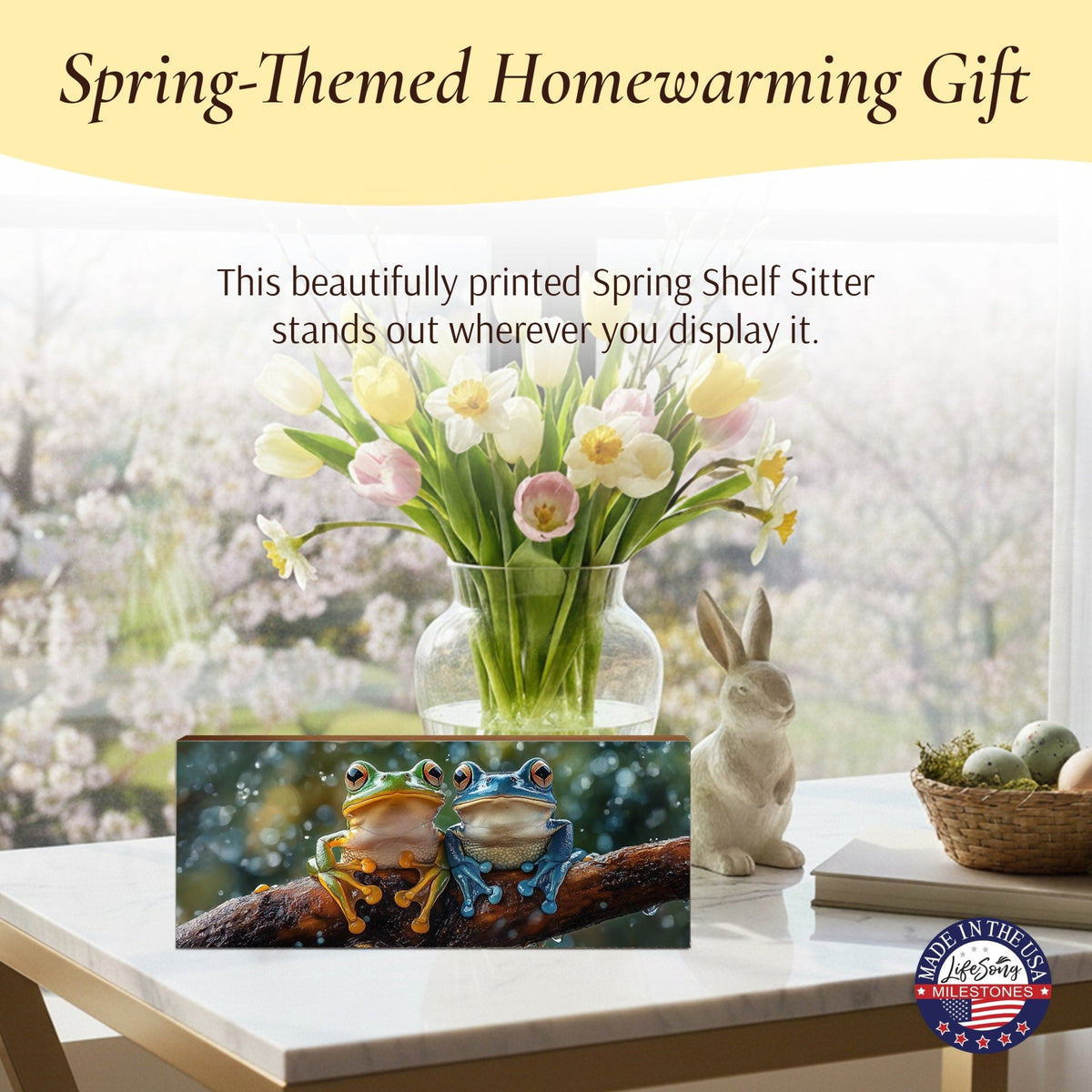 Frog Shelf Sitter 4x10 — Wide USA-Made Wood Nature Décor for Mantel & Console Table | Frog Gift - LifeSong Milestones