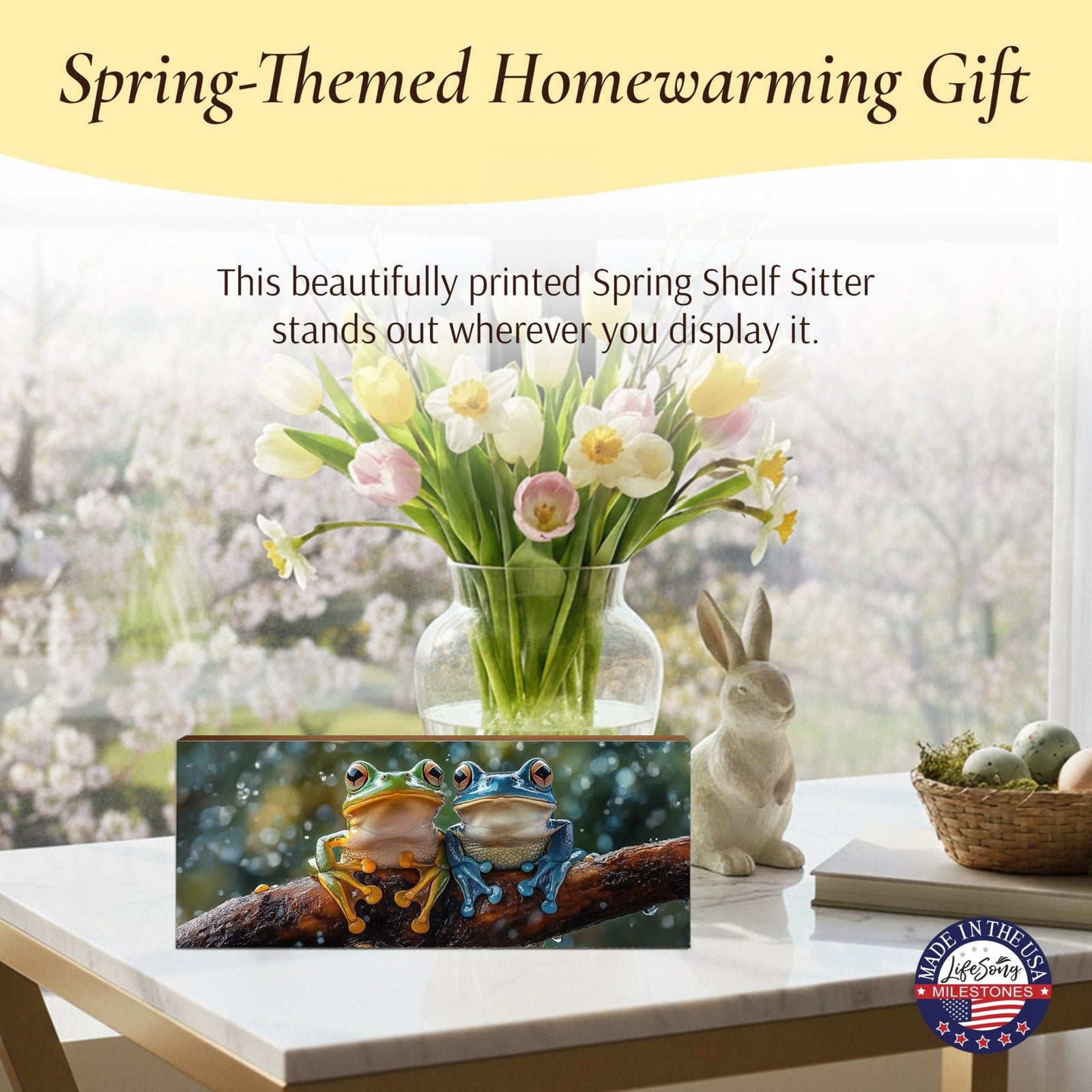 Frog Shelf Sitter 4x10 — Wide USA-Made Wood Nature Décor for Mantel & Console Table | Frog Gift - LifeSong Milestones