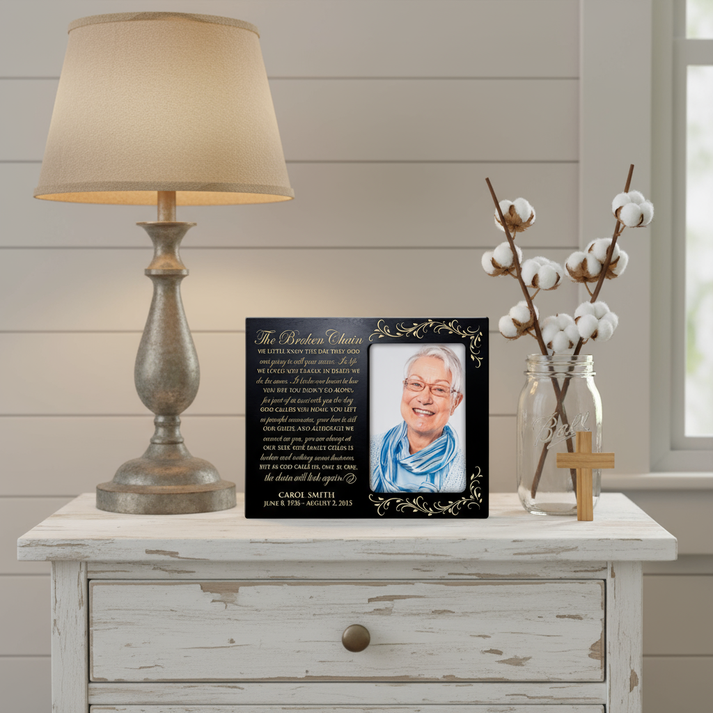 Personalized Memorial Picture Frame 4x6 Photo | The Broken Chain by Ron Tranmer | Laser Engraved Maple & Cherry Wood 8x10 Frame with Stand | Sympathy Bereavement Gift