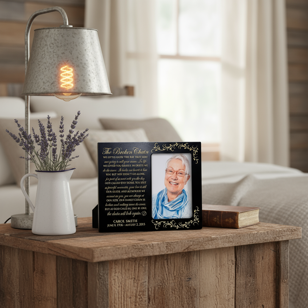 Personalized Memorial Picture Frame 4x6 Photo | The Broken Chain by Ron Tranmer | Laser Engraved Maple & Cherry Wood 8x10 Frame with Stand | Sympathy Bereavement Gift