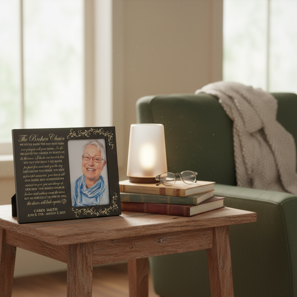 Personalized Memorial Picture Frame 4x6 Photo | The Broken Chain by Ron Tranmer | Laser Engraved Maple & Cherry Wood 8x10 Frame with Stand | Sympathy Bereavement Gift