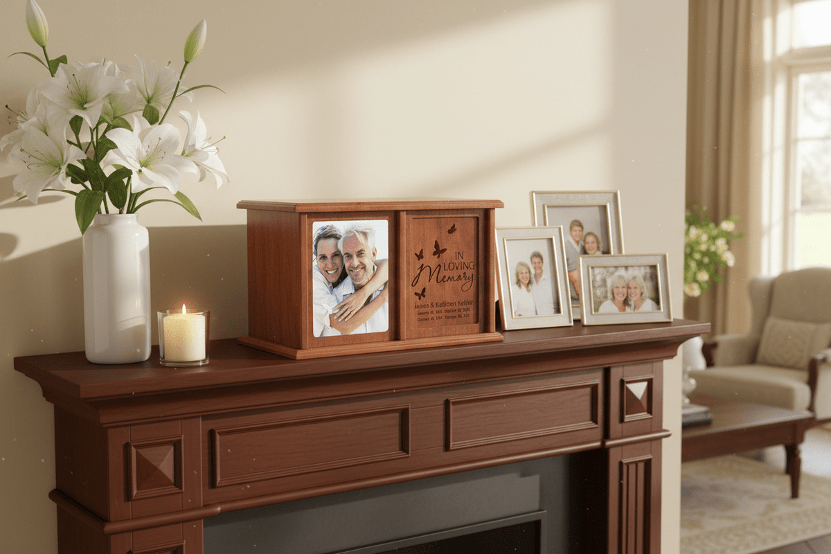 In Loving Memory Butterfly Companion Urn – Personalized Cherry Wood Double Cremation Urn with 5x7 Photo Frame | USA Made - LifeSong Milestones