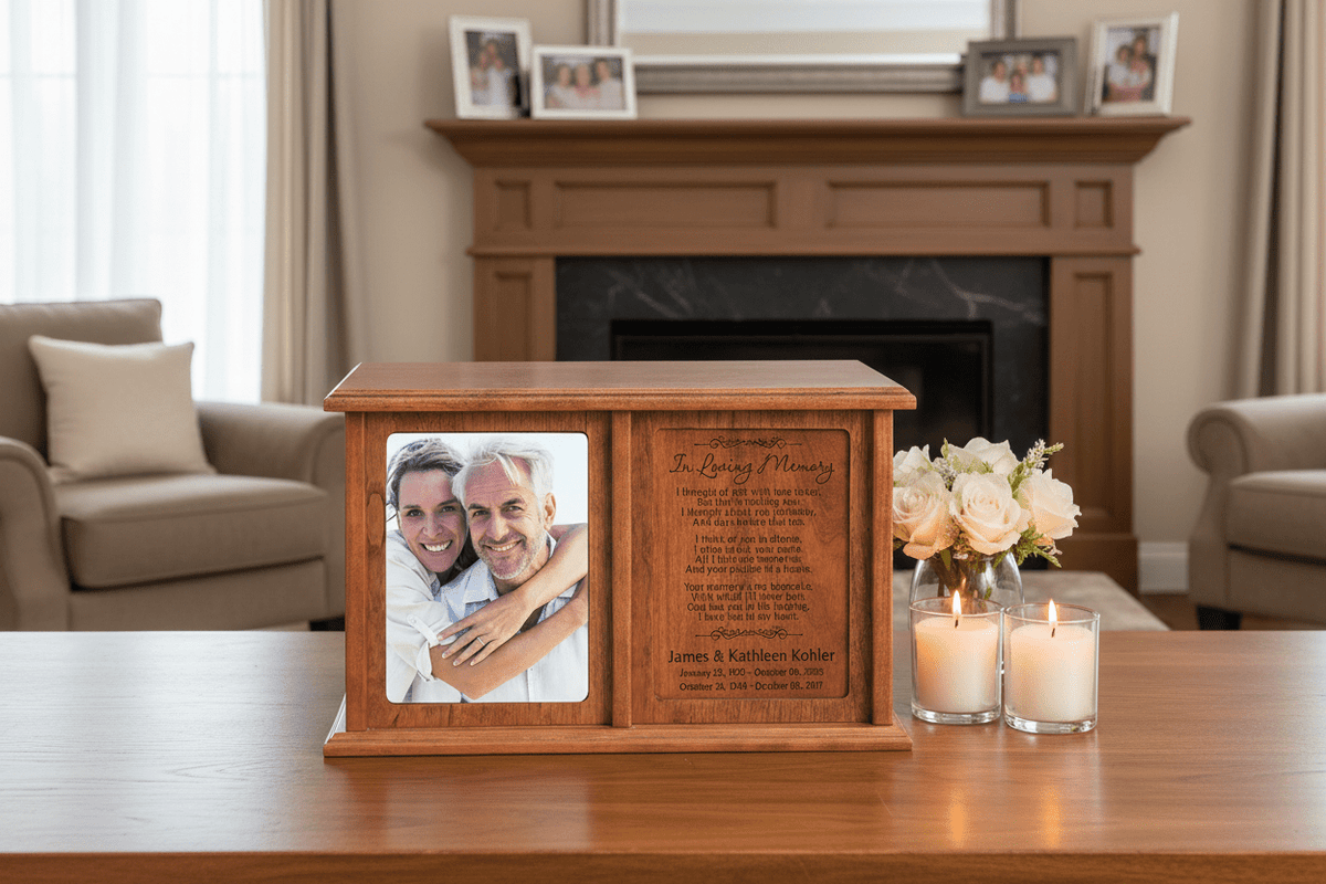 In Loving Memory Companion Urn – Personalized Cherry Wood Double Cremation Urn with Glass-Protected 5x7 Photo Frame | USA Made - LifeSong Milestones