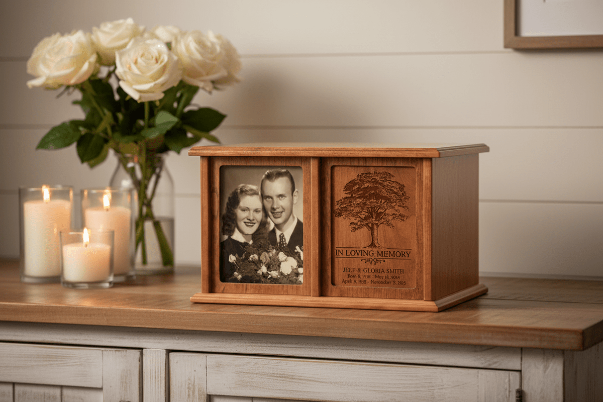 In Loving Memory Companion Urn – Personalized Cherry Wood Double Cremation Urn with Glass-Protected 5x7 Photo Frame | USA Made - LifeSong Milestones